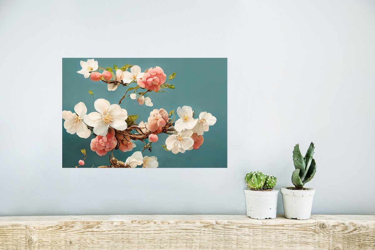 Kirsche St), Zweig Wandposter Blumen - Ohne - Poster - für - Wandbild, Rahmen Weiß, Wohnzimmer, MuchoWow Poster, (1 Blüte