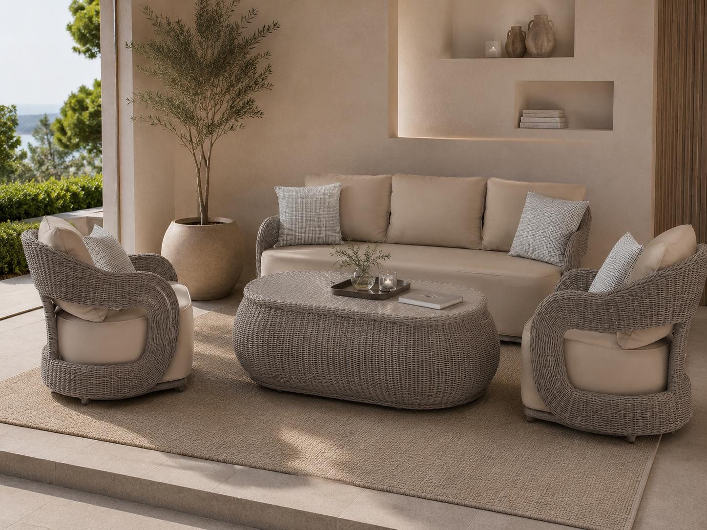 JVmoebel Gartenlounge-Set Designer Wohnzimmer Polster Set Ledersofa 2x Sessel Couchtisch