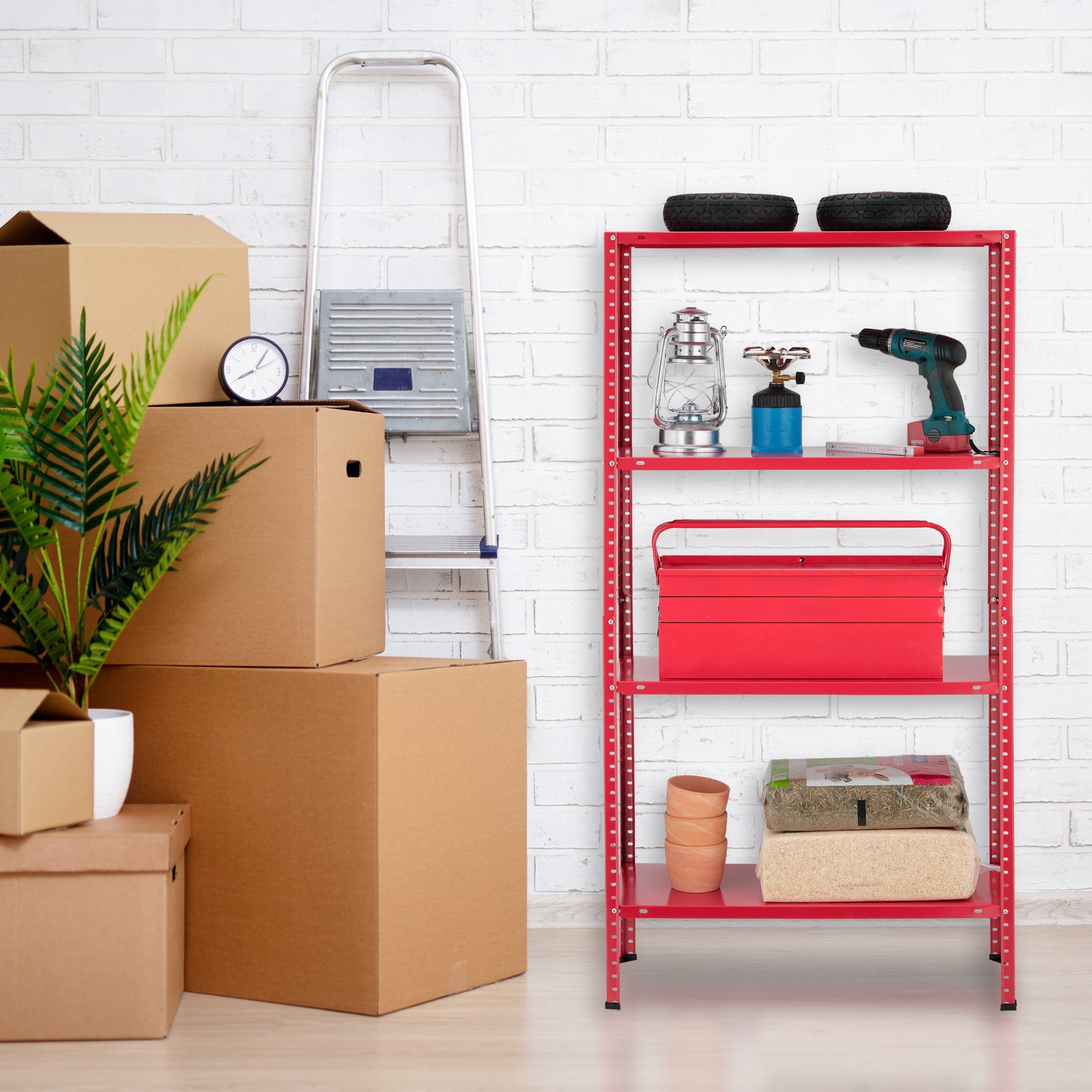 relaxdays Schwerlastregal Rotes Schwerlastregal mit 4 Ebenen günstig online kaufen