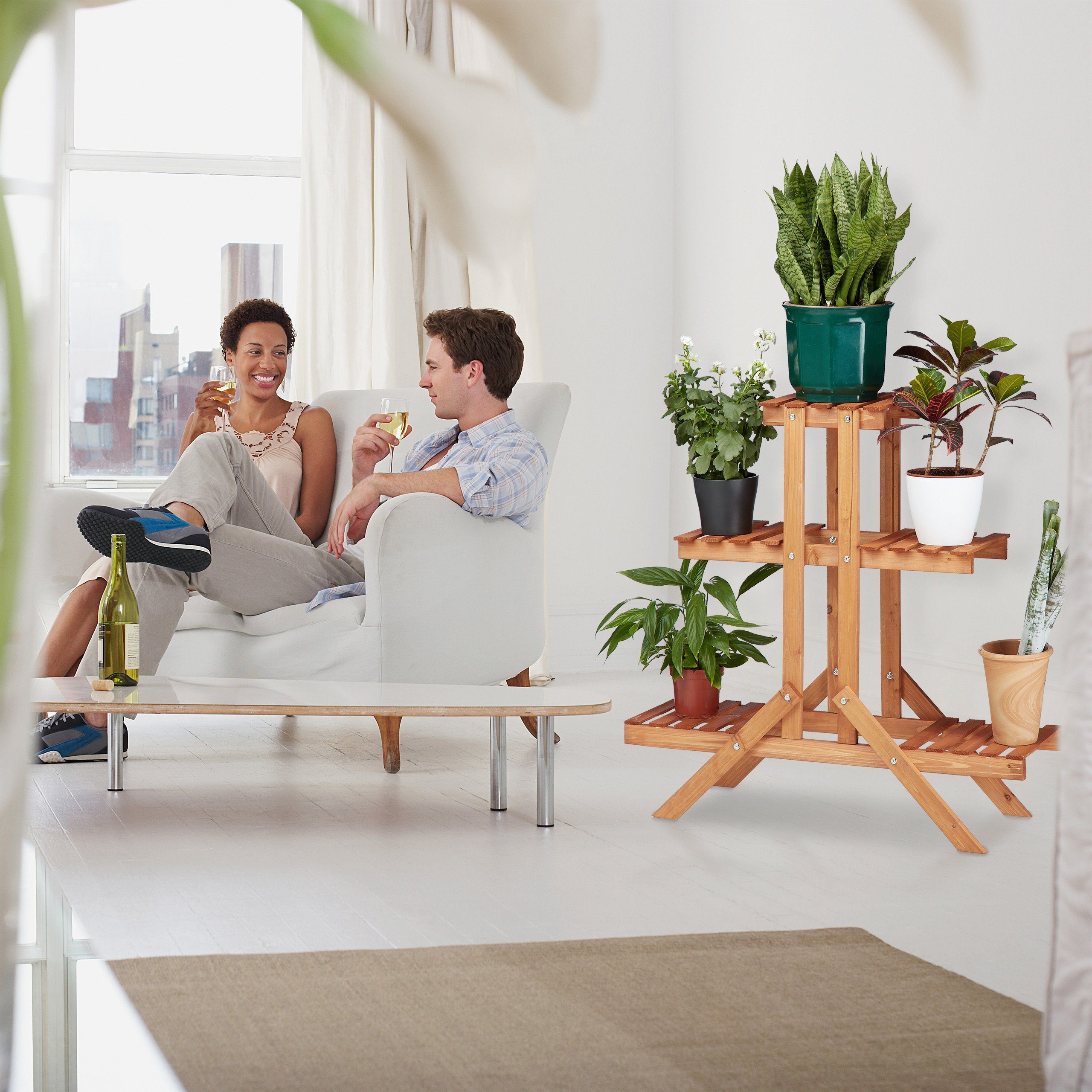 relaxdays Blumenständer Blumentreppe 3 Ebenen, Honigbraun günstig online kaufen