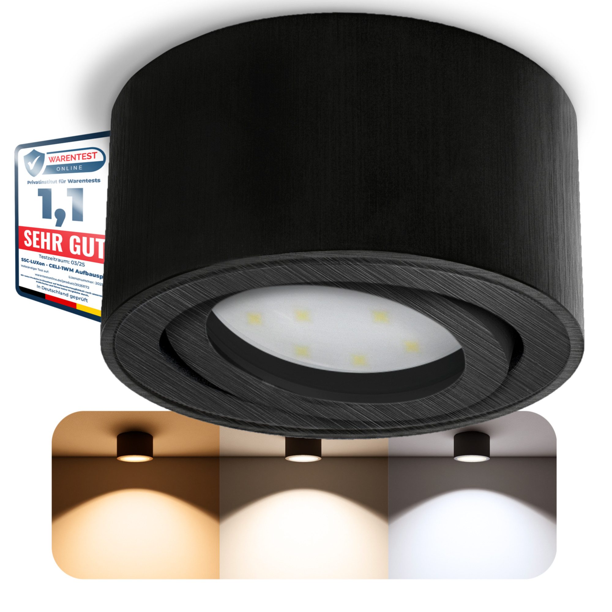 SSC-LUXon LED Aufbaustrahler CELI-1B flacher Decken Aufbauspot schwarz schwenkbar mit LED Modul 4W, Neutralweiß, Warmweiß, Tageslichtweiß