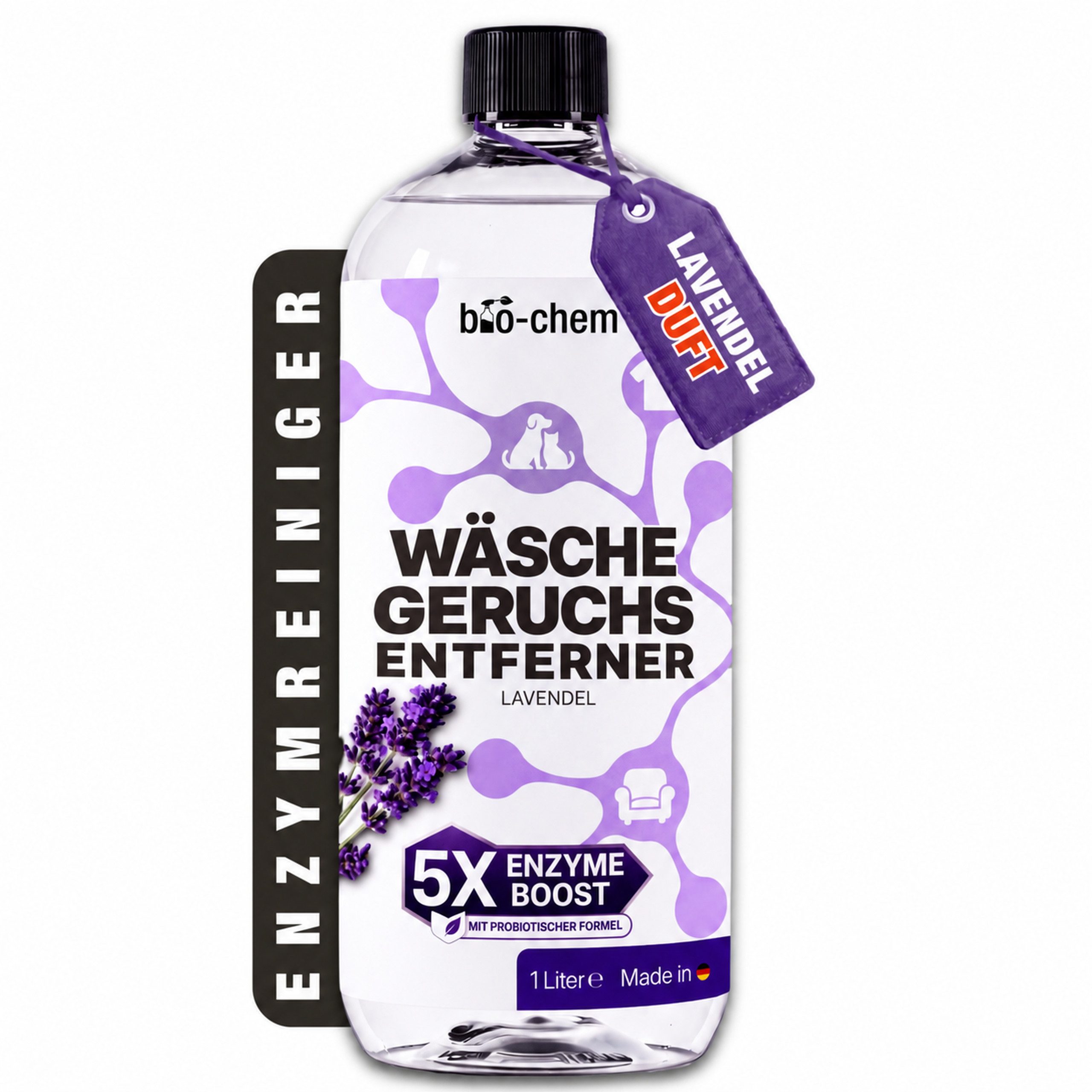 bio-chem Wäsche Geruchsentferner Enzymreiniger Waschmittel-Zusatz 1 L Lavendel Spezialwaschmittel (1 Liter je Flasche, Bis zu 20 Anwendungen je Flasche Premiumduft Lavendel: Klassisch beruhigend, ideal für Tierhaushalte)