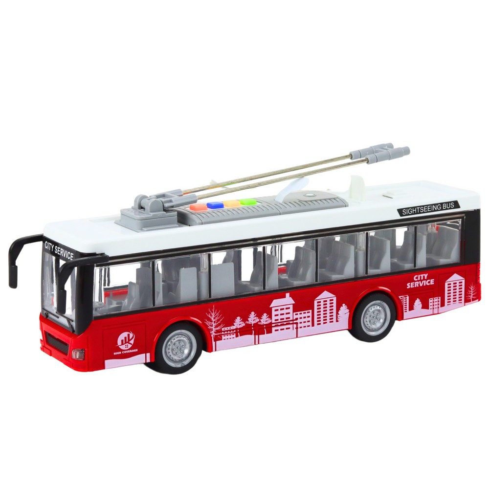 LEAN TOYS Spielzeug-Bus Oberleitungsbus Stadtbus Modellbus, (Spar-Set, 1-tlg., 29 x 10 x 7 cm beleuchtet), Licht & Sound, Schwungantrieb, Türen öffnen