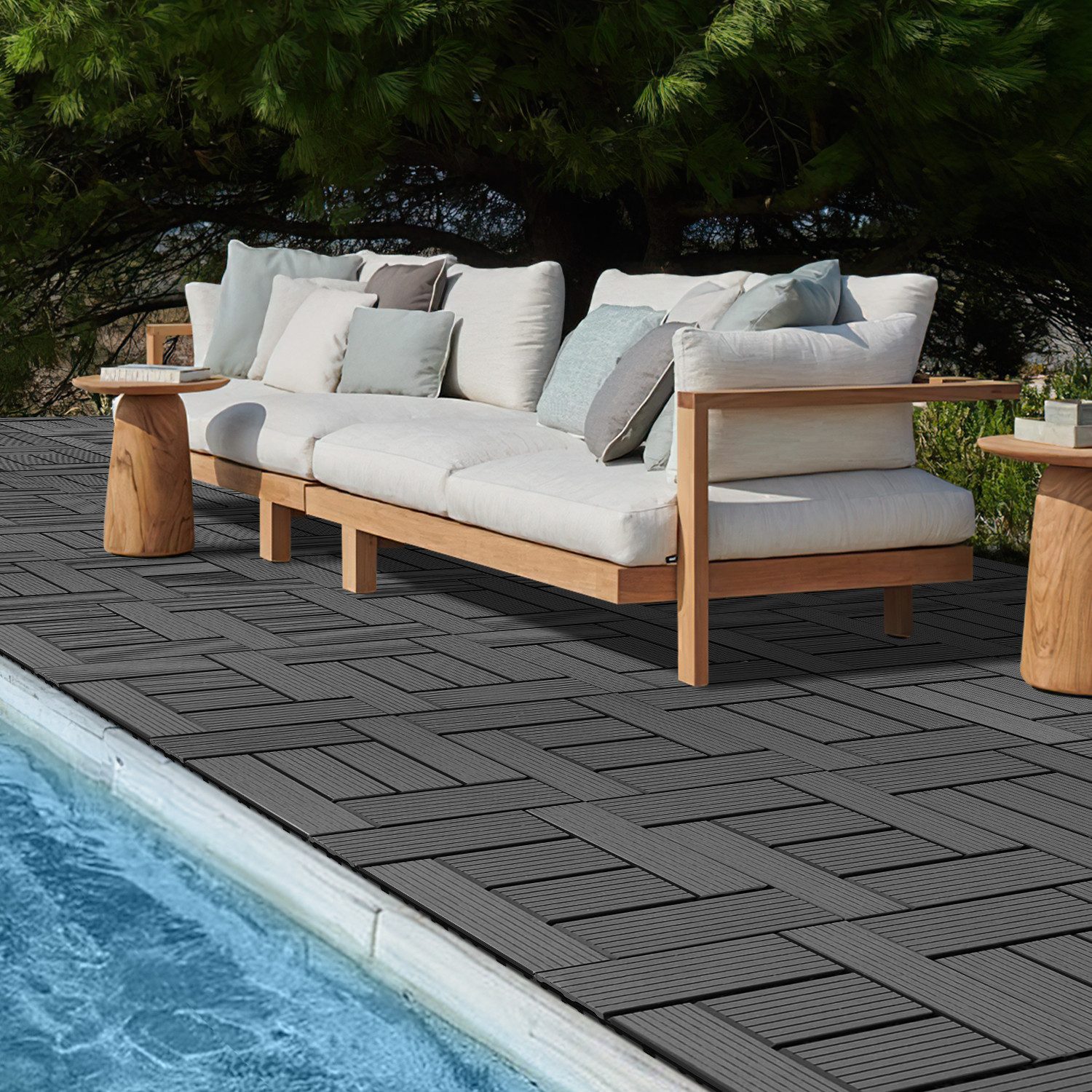 Clanmacy Holzfliesen Terrassenplatte Balkonfliesen mit Drainage und Klicksystem für Garten, 11 St., Größe: 30x30cm (LxB), Farbe: Anthrazit/Braun