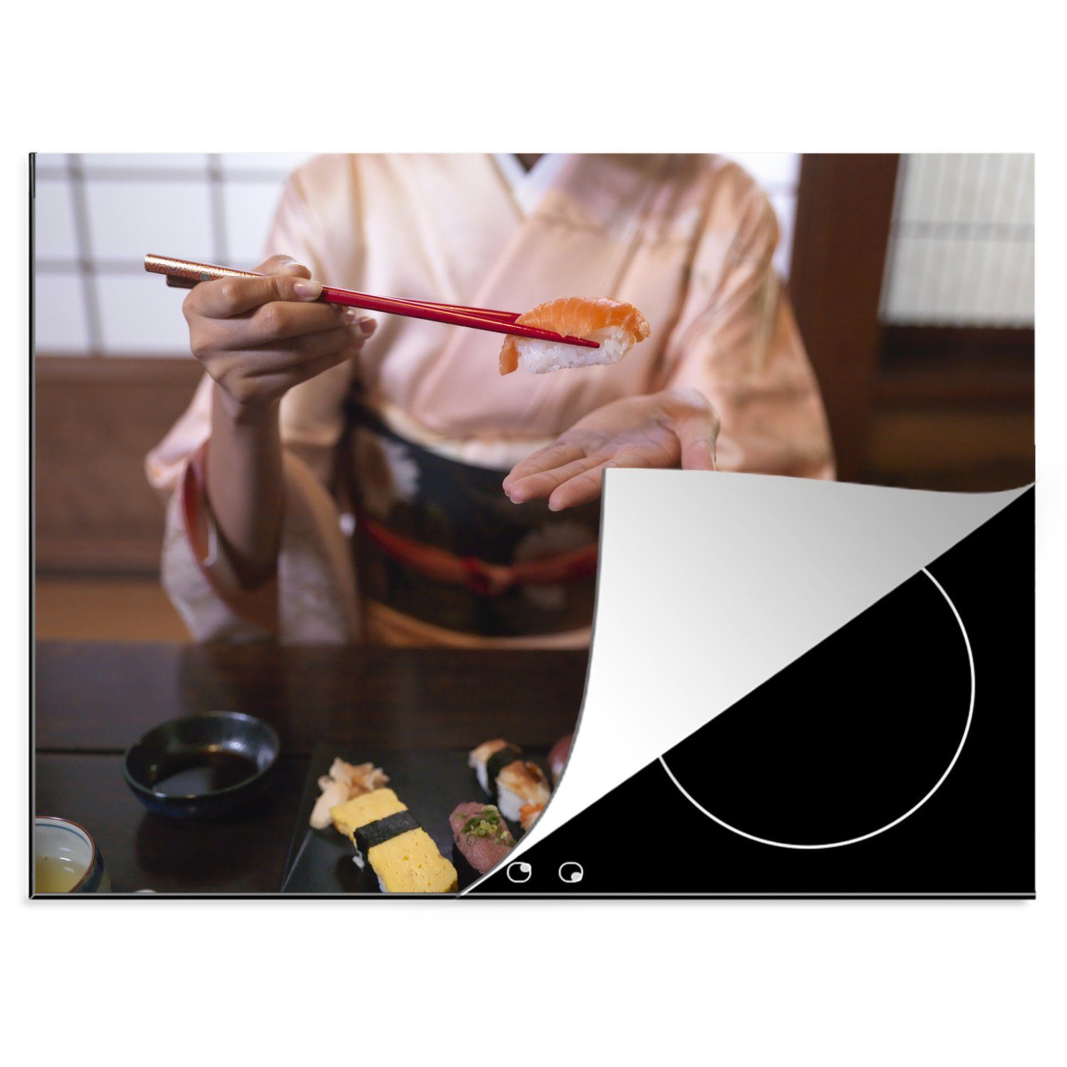 MuchoWow Herdblende-/Abdeckplatte Frau isst japanisches Sushi, Vinyl, (1 tlg), 70x52 cm, Mobile Arbeitsfläche nutzbar, Ceranfeldabdeckung