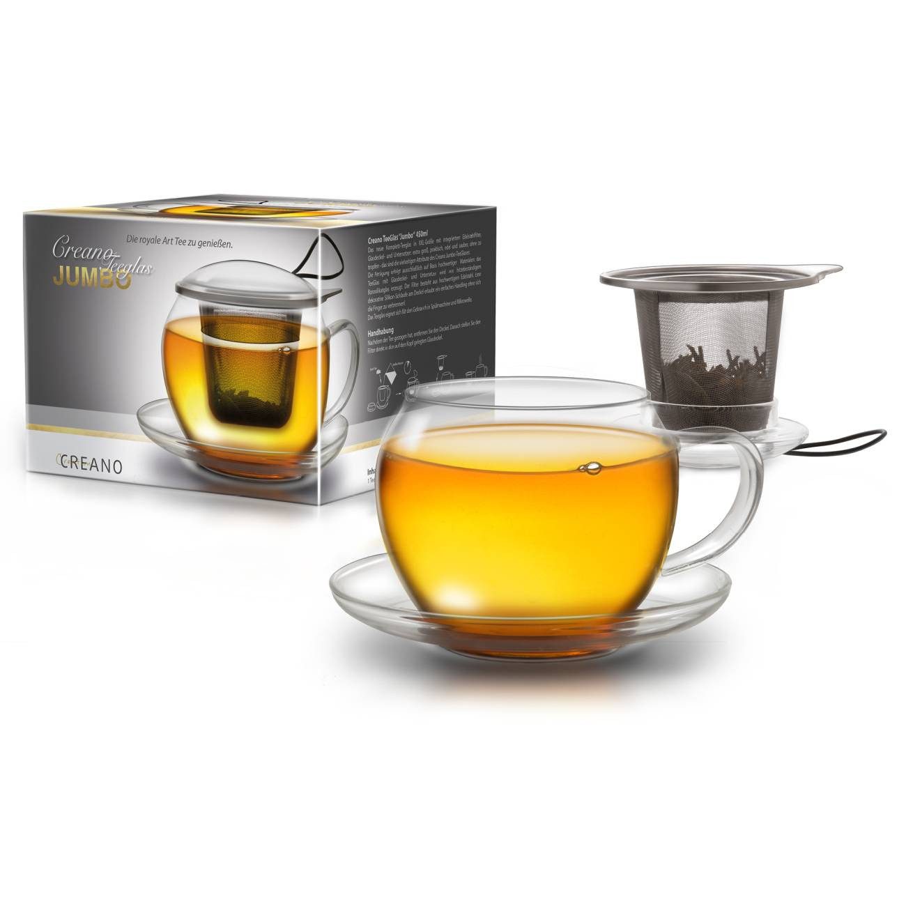 Creano Teeglas JUMBO Tee-Tasse XXL aus Glas mit Henkel, Borosilikatglas, 3-teilig