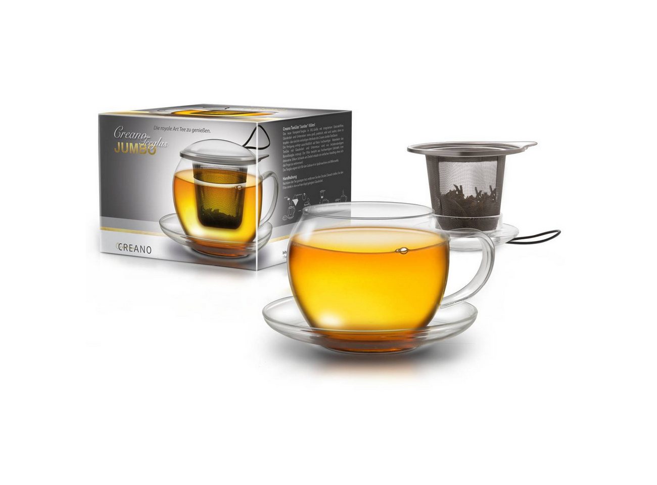 Creano Teeglas JUMBO Tee-Tasse XXL aus Glas mit Henkel, Borosilikatglas, 3-teilig