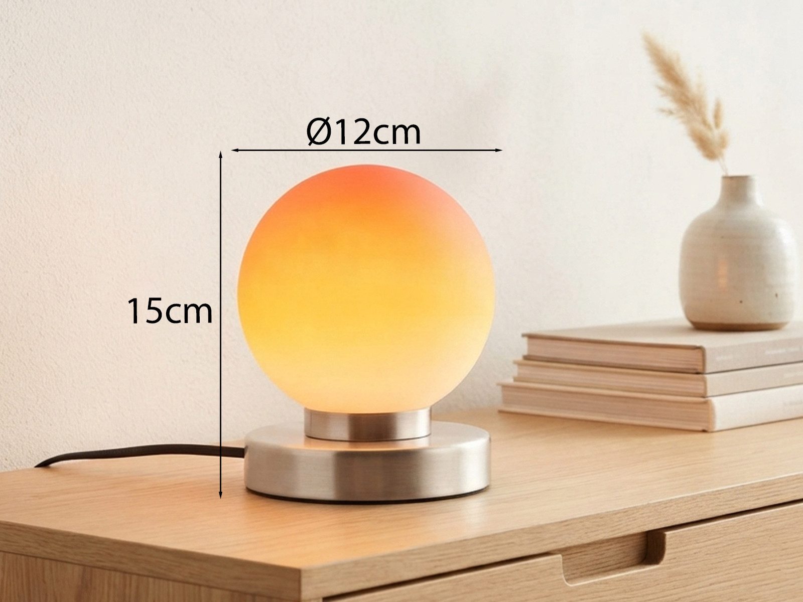 Reality Leuchten LED Nachttischlampe touch Kugel-Lampe, Höhe 15cm, dimmbar, LED wechselbar, Warmweiß, kleine Tischlampe mit Glas-Kugel, Tischleuchte inkl. E14 L – Bild 4 von 5