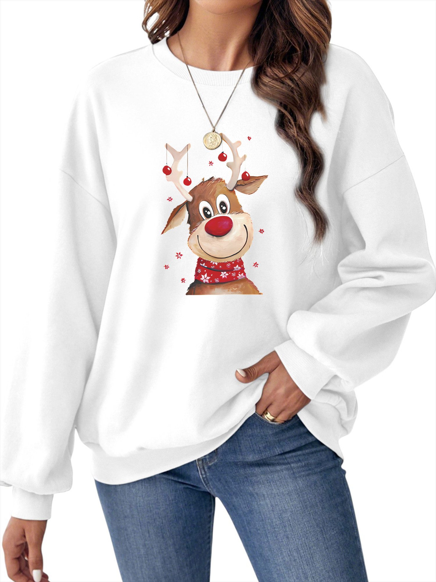 PYLIKE Fleecepullover Damen Weihnachten Sweatshirts mit Cartoon-Elch Druck günstig online kaufen