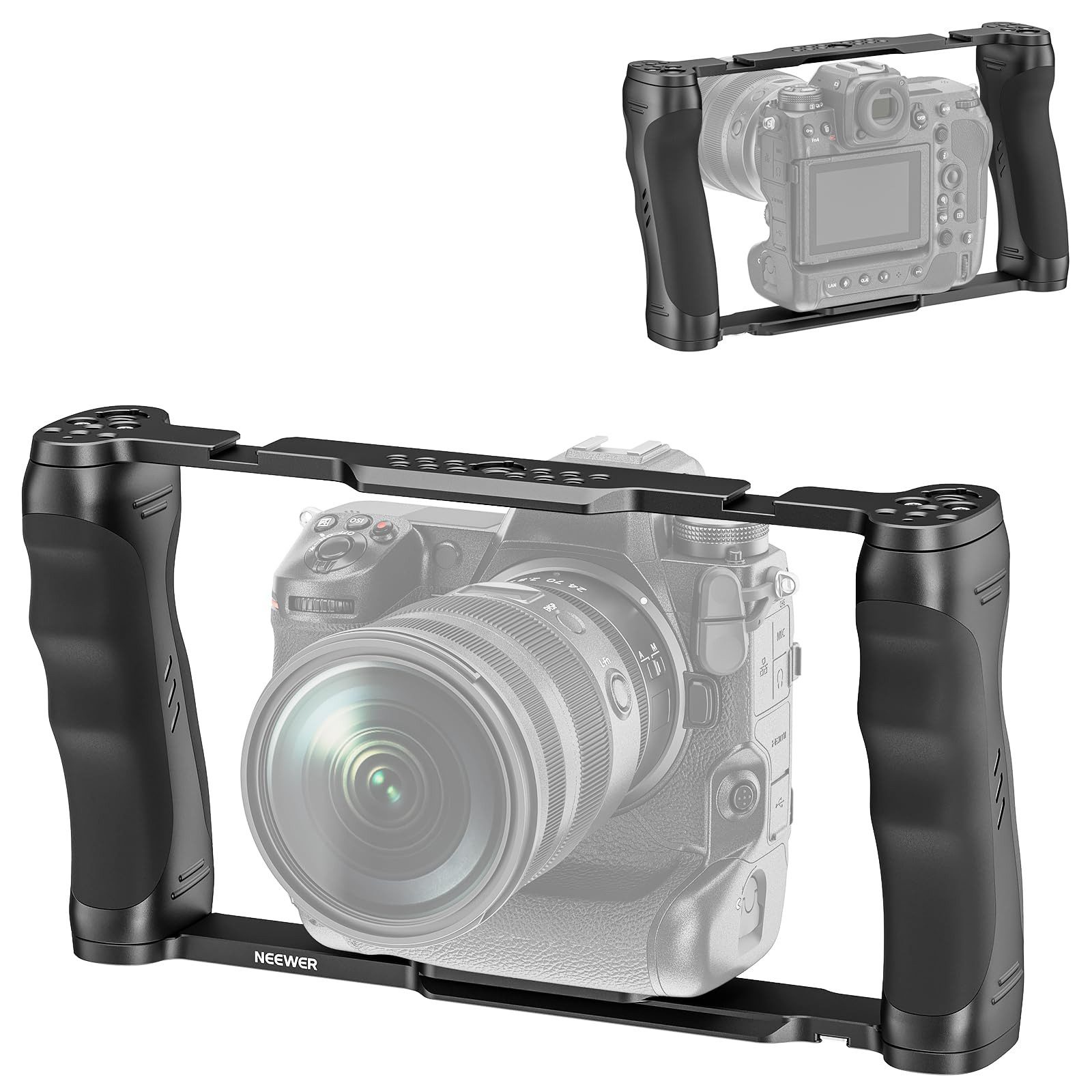 Neewer Kamerahalterung CA016 Videokamera Käfig Rig, mit Arca Basis, Doppelgriffen, (Packung, 3/8" ARRI Aufnahme 1/4" Gewinde, Kaltschuh, Stabilisator für DSLR/DSLM)