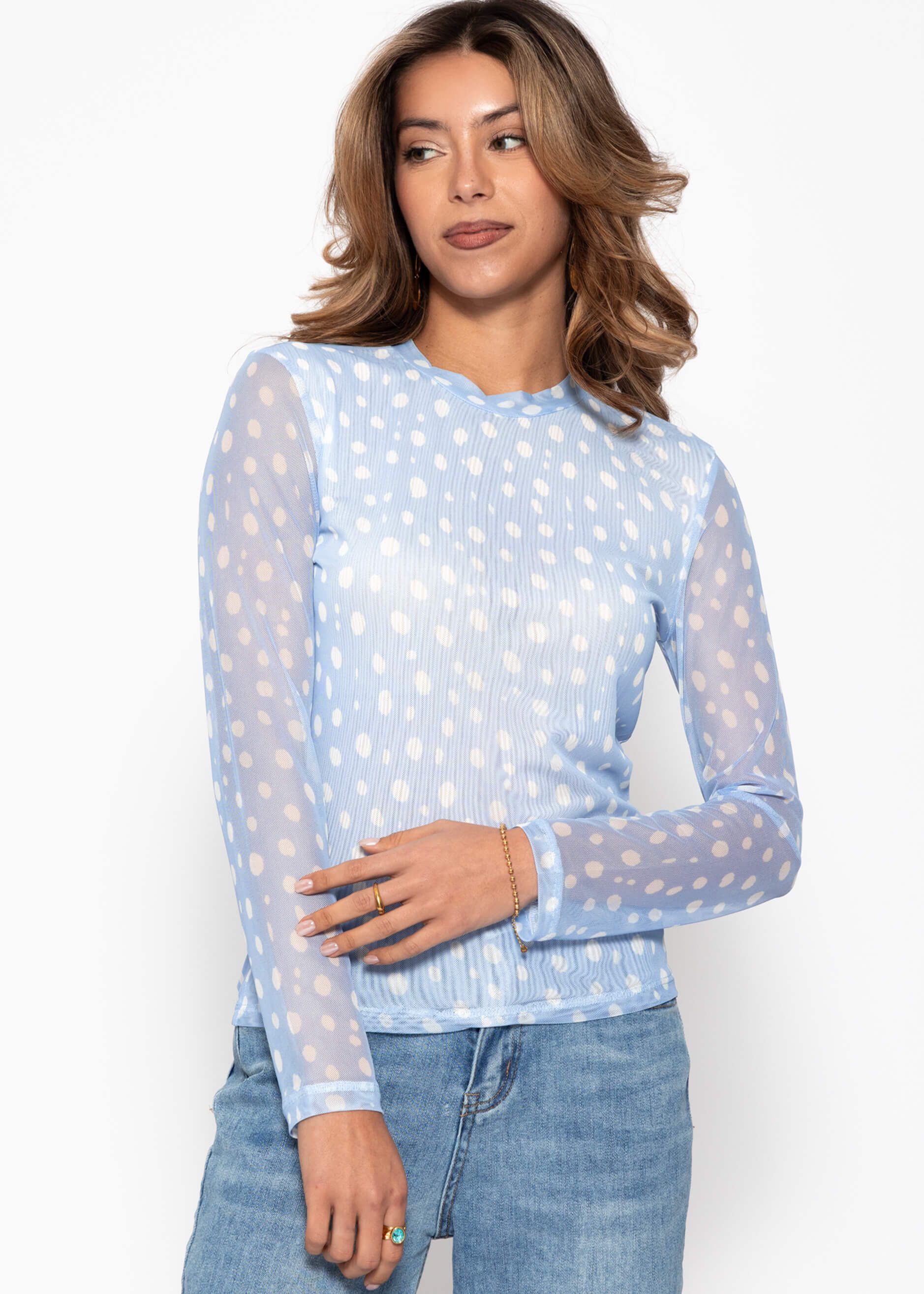 SASSYCLASSY Kurzarmshirt Getupftes Mesh Shirt für Damen Transparentes Top mit gefütterter Vorderseite und Rundhalsausschnitt