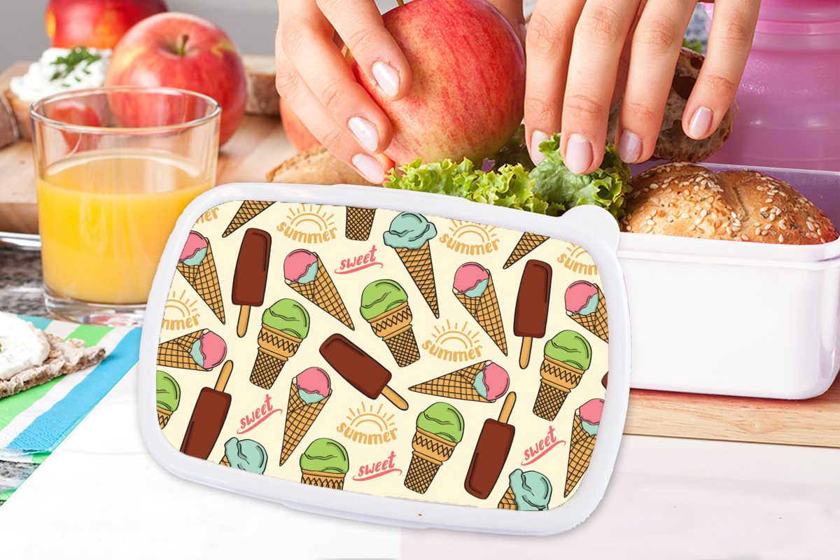 Lunchbox und Erwachsene, Lebensmittel Brotbox Muster für (2-tlg), Eiscreme, - weiß für Jungs Kunststoff, Mädchen und MuchoWow Kinder - Brotdose,