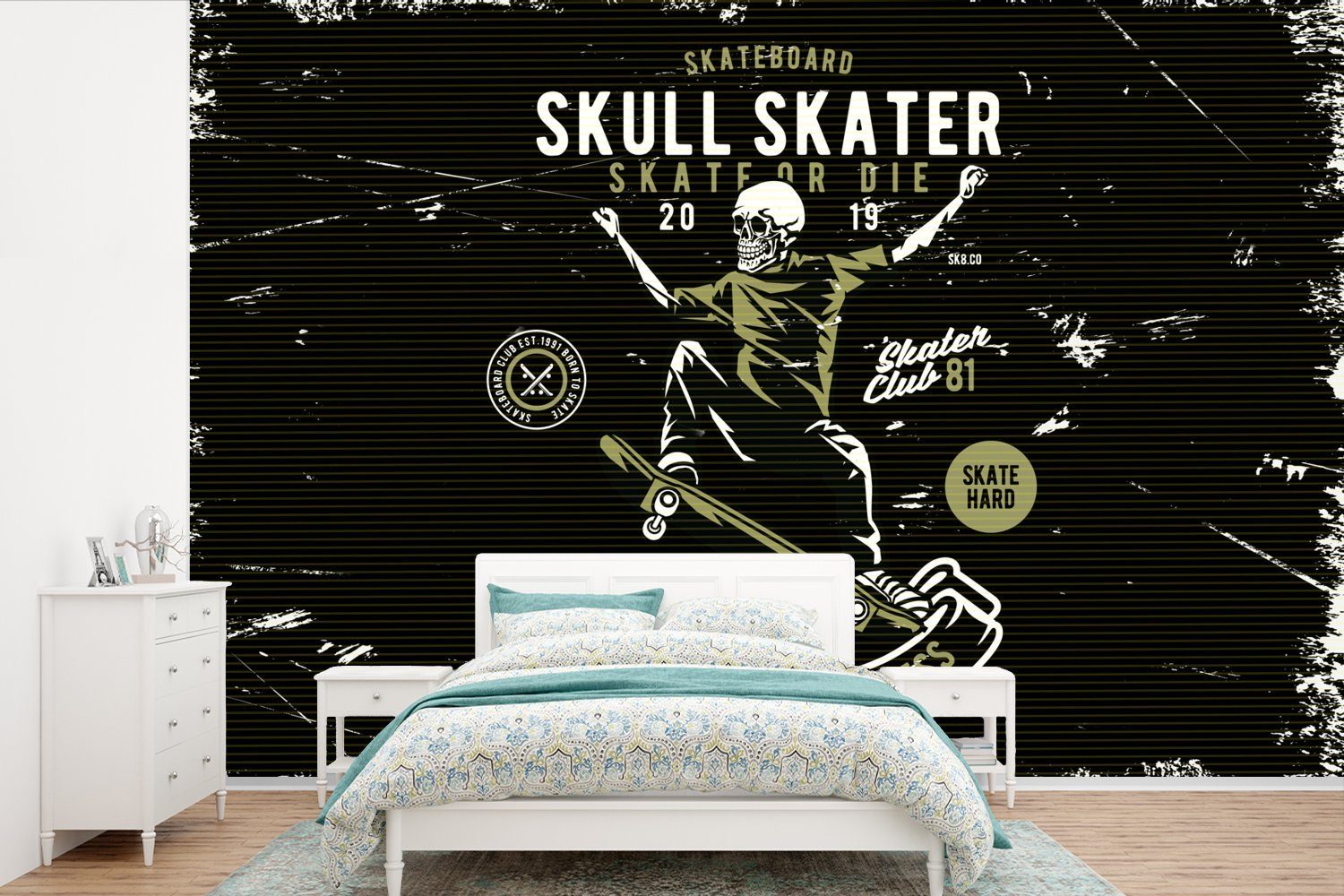 MuchoWow Fototapete Skelett - Skateboard - Retro, Matt, bedruckt, (6 St), Wallpaper für Wohnzimmer, Schlafzimmer, Kinderzimmer, Vinyl Tapete