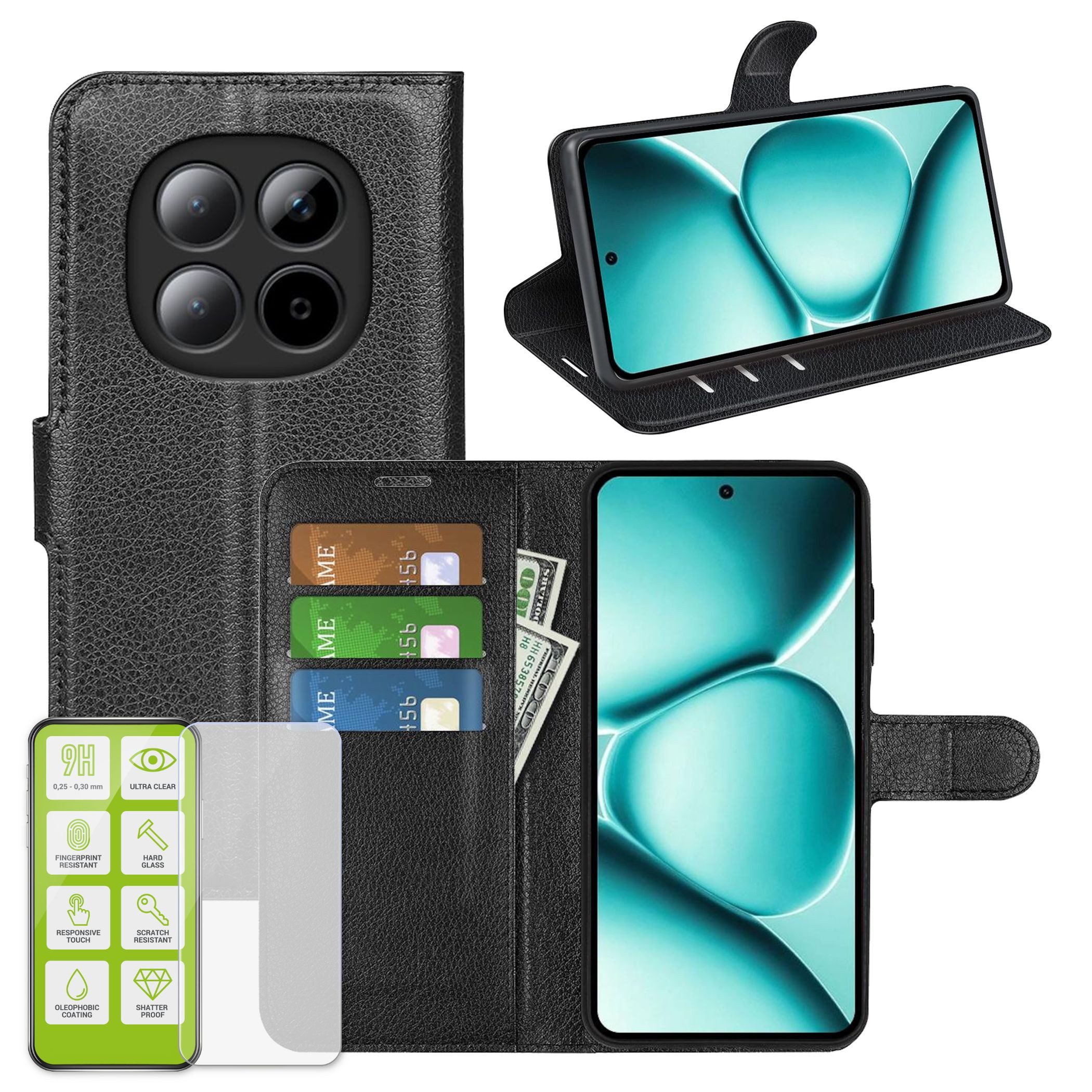 Wigento Smartphone-Hülle Für Xiaomi Redmi Note 15 Pro 5G Kunstleder Hülle Schwarz + 9H Glas, Produktset Kunst-Leder Tasche + H9 Hart Glas