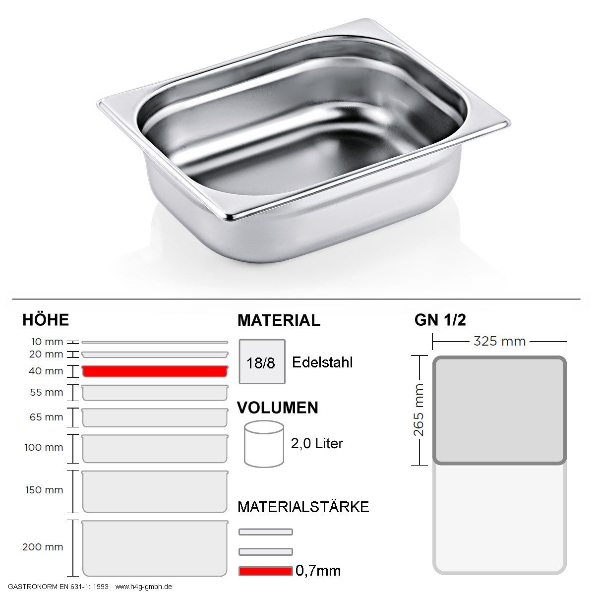 WAS Thermobehälter Gastronorm Behälter GN 1/2 - 40mm - GN90 - 18/8 Edelstahl - 0,7mm, Edelstahl