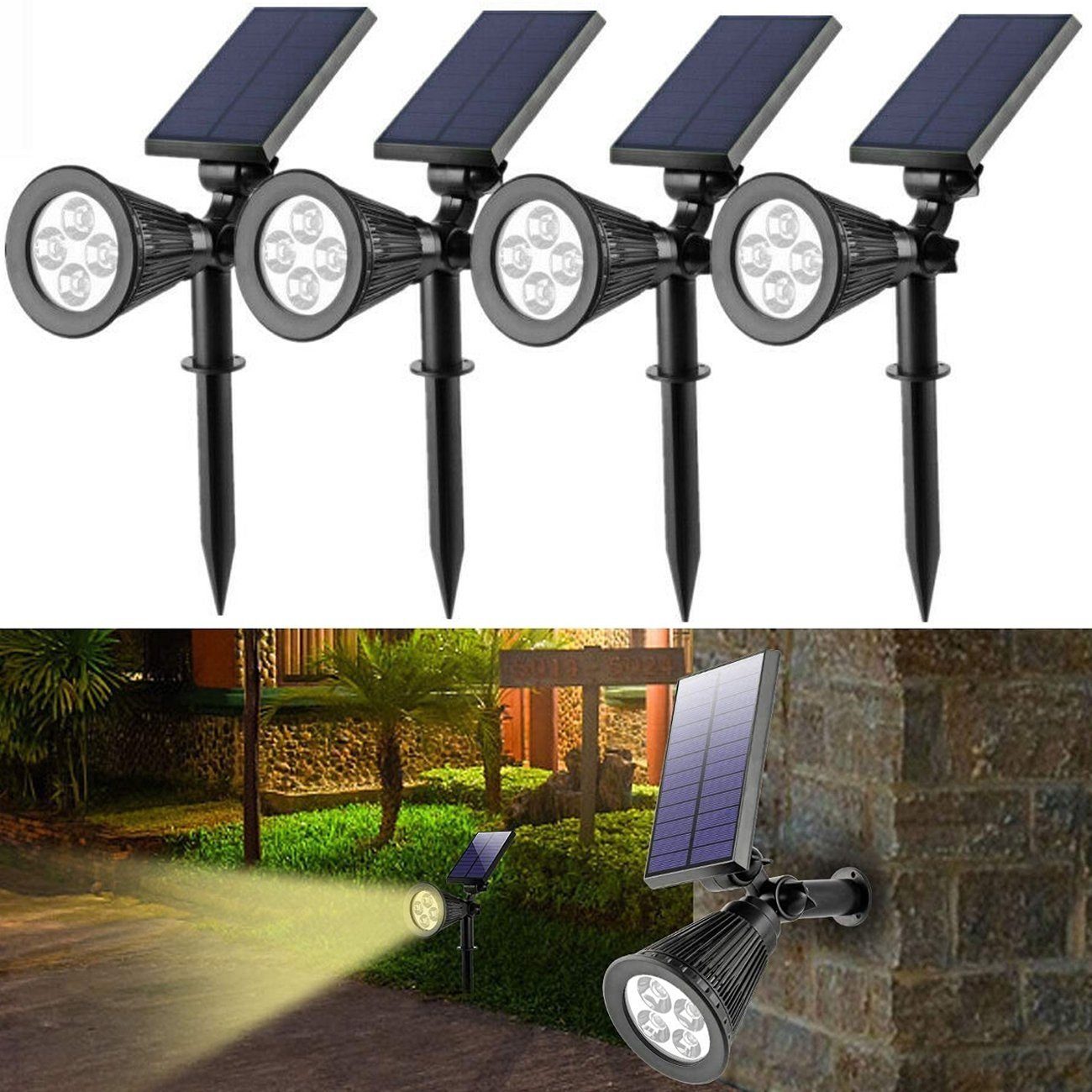 LETGOSPT LED Solarleuchte 2/4 Stück 4LED Solar Gartenleuchte Solarstrahler, Automatisch Ein/Aus, LED fest integriert, IP65 Wasserdicht, LED Solarleuchte Solarlampe für Außen, Hof, Garage 4 Stücke Kaltweiß