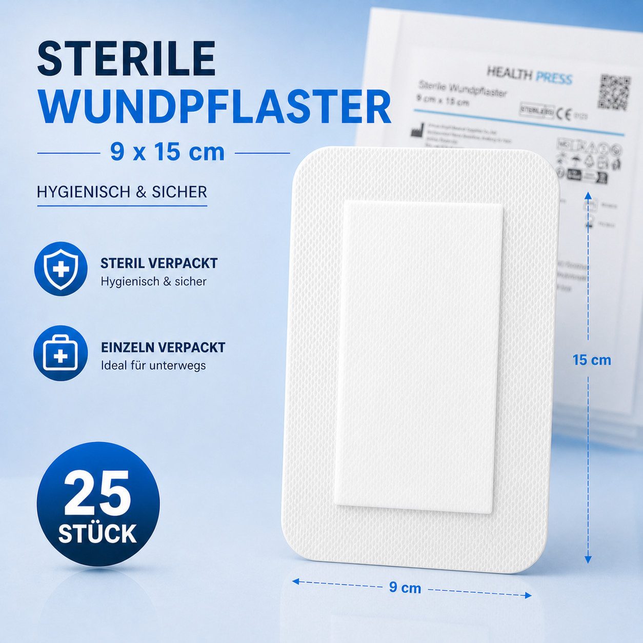 Health Press Wundpflaster steril - große Pflaster zur Wundversorgung (25 St., 50 Stück 6x7cm, 25 Stück 9x10cm, 25 Stück 9x15cm), Derma-Test: SEHR GUT