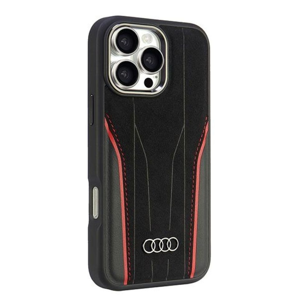Audi Handyhülle iPhone 16 Pro Max Echtleder MagSafe schwarz rot Logo