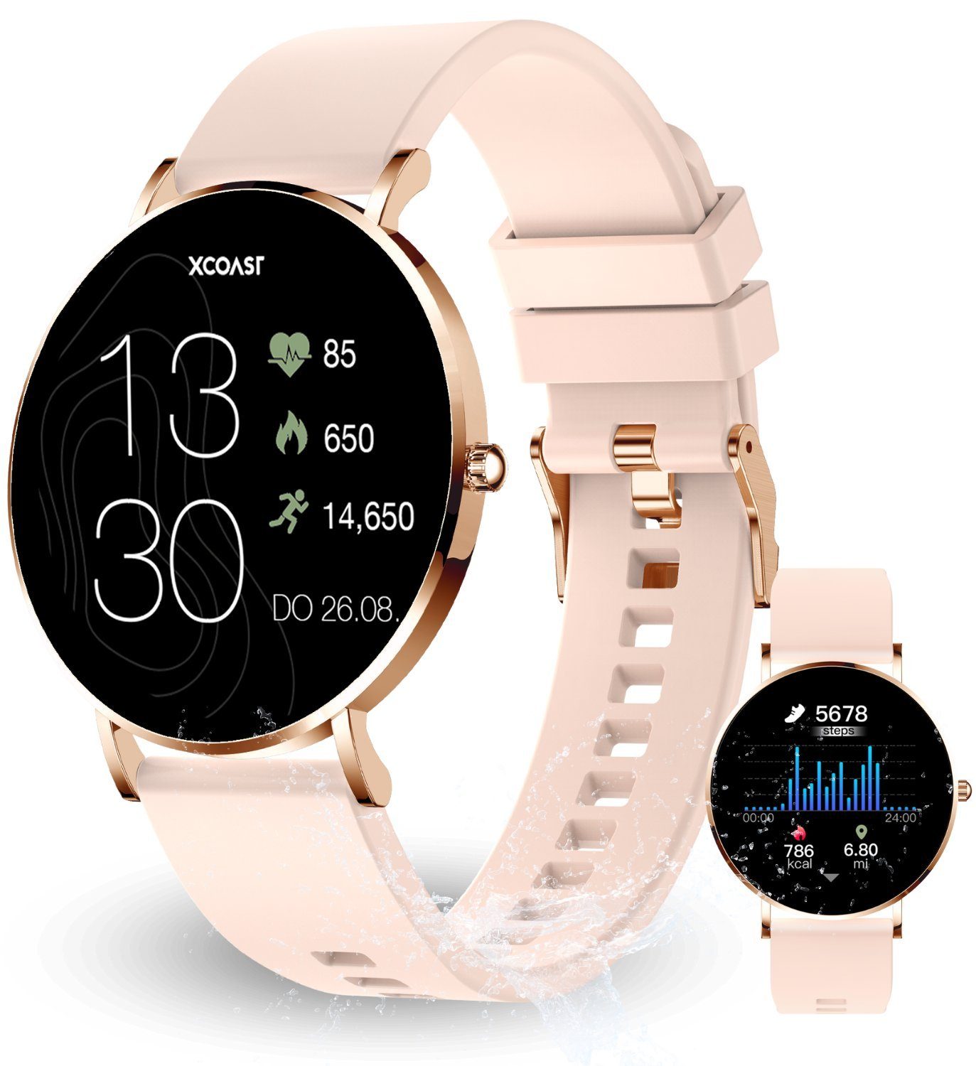 XCOAST SIONA 2 Damen Smartwatch (4,2 cm/1,3 Zoll, iOS Android) ROSE GOLD, Damen Fitness Tracker, neueste Generation, Blutsauerstoffmesser, Wasserdicht, Ultra flach, Puls, Blutdruck, brillante Farben, AMOLED