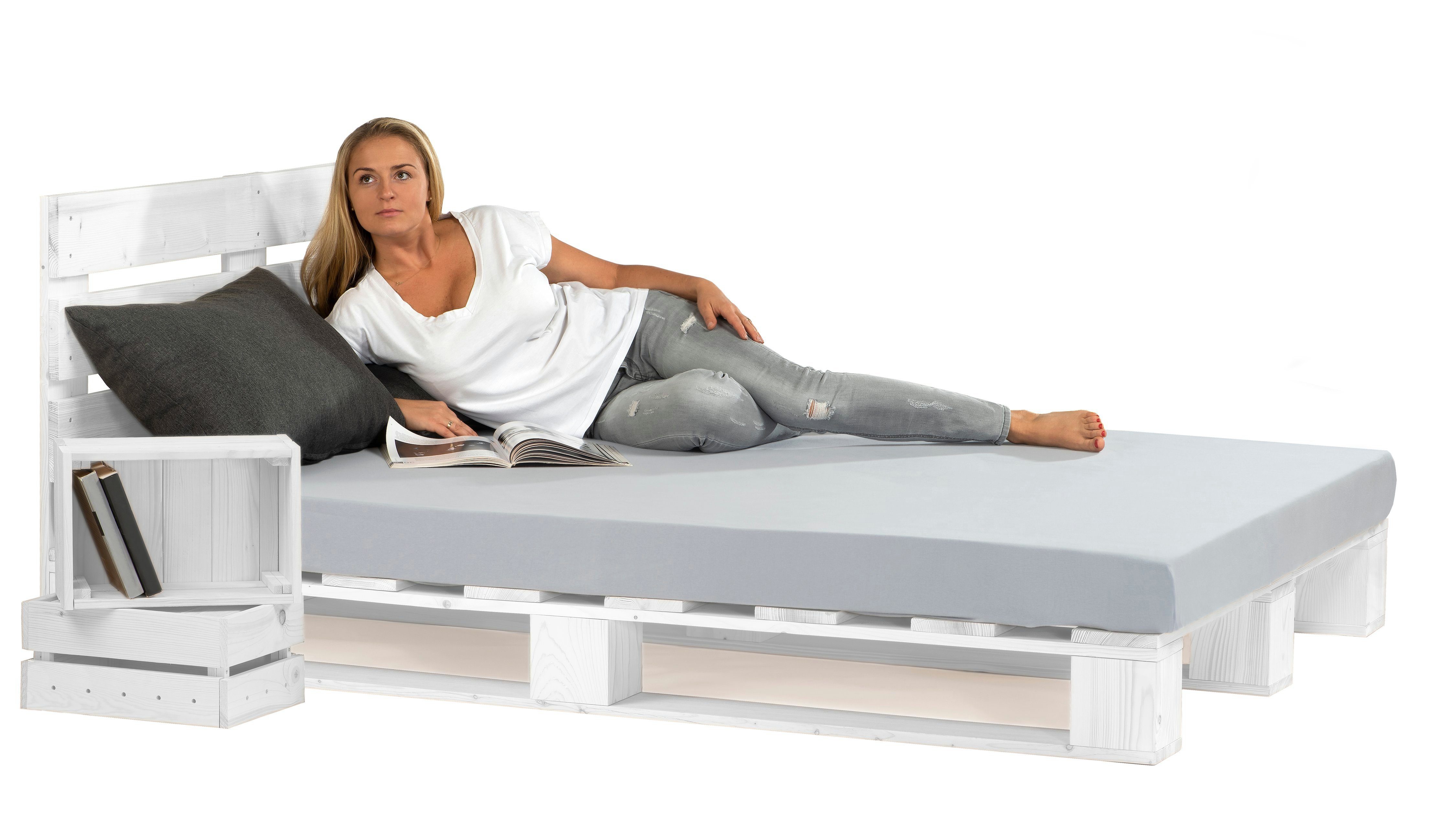 sunnypillow Palettenbett mit Kopfteil Holzbett 80 90 100 120 140 160 180 200 220 240 x 200 cm, 140x200 cm weiß