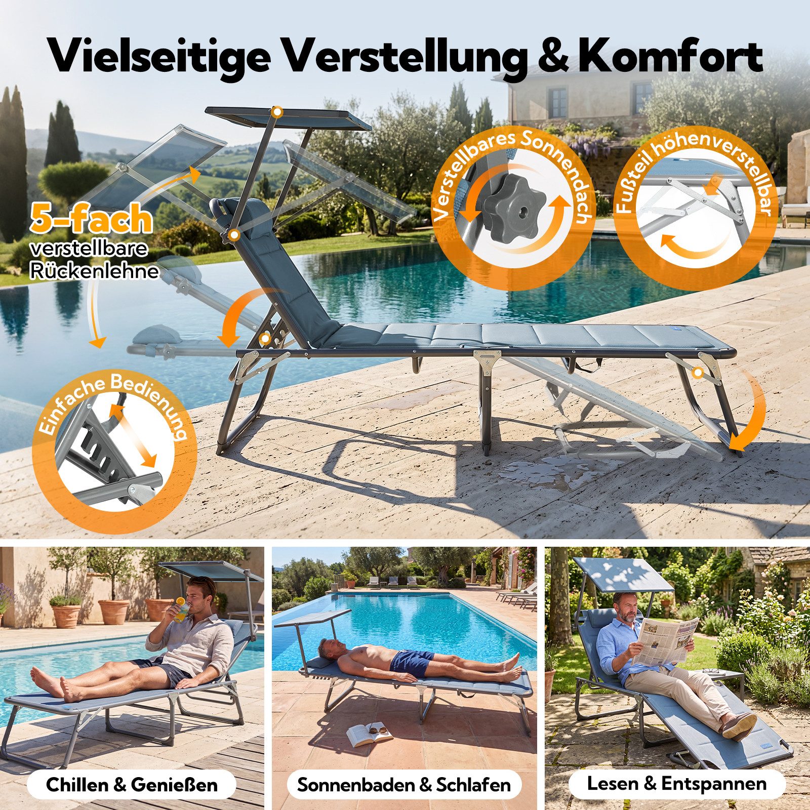 HOMECALL Gartenliege Sonnenliege AluLiege Liegestuhl Strandliege Liegen wetterfest, klappbar, Textilene Mit Dickemschnelltrocknende Schaumstoffpolsterung, Verst – Bild 3 von 5