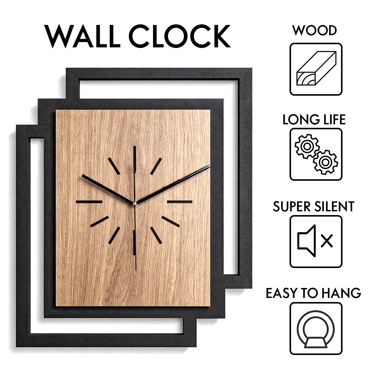 ORNAMENTI Wanduhr Große handgefertigte moderne aus Holz, Hingucker Wanddeko 45 x 55 cm (Rechteckig vertikal ohne Tickgeräusche für Wohnzimmer, ohne Ziffern)