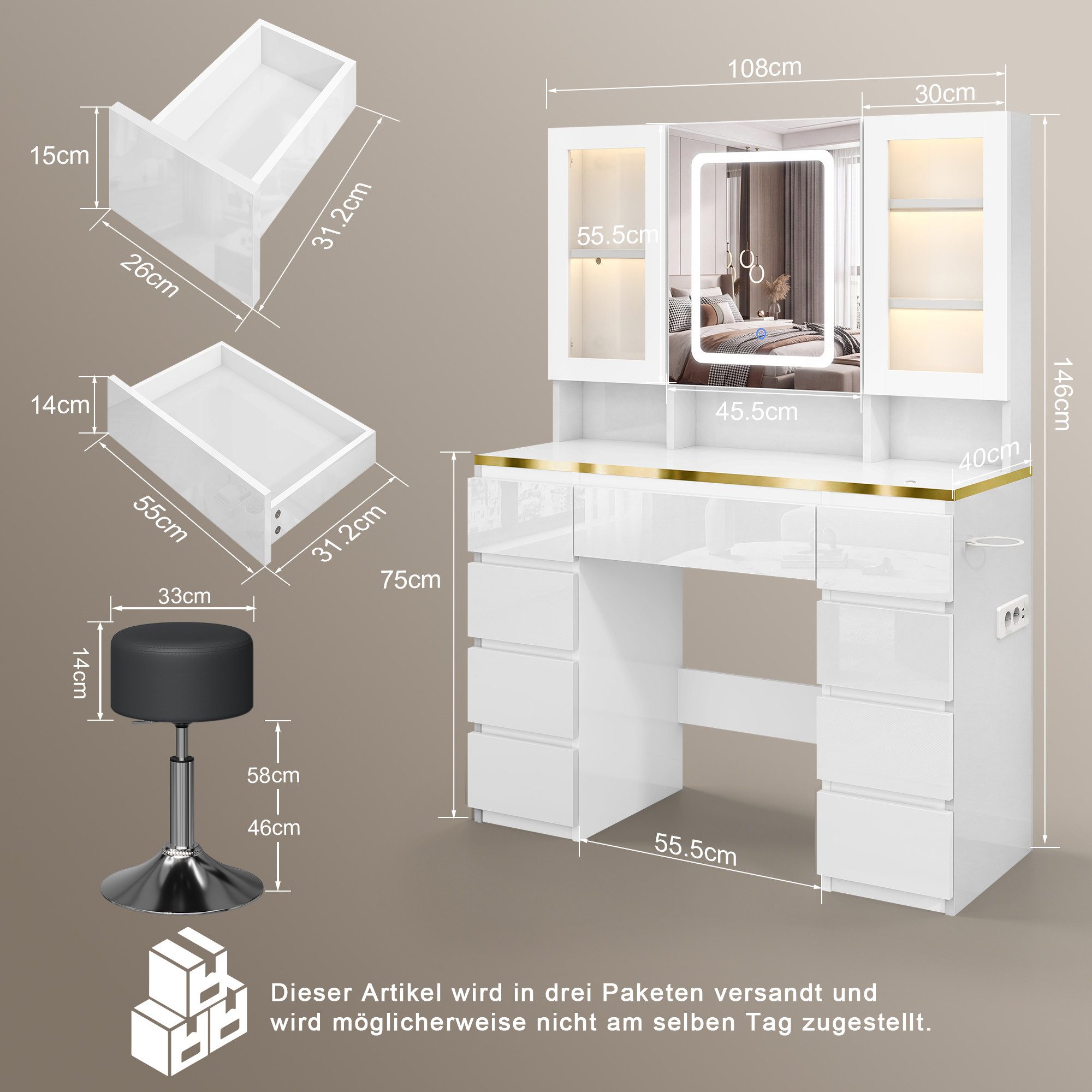 HOMALL Schminktisch LED-Schminktisch mit Spiegel, 108 cm breit, Hocker-Set optional (Gesamtmaße: 108 × 40 × 146 cm, mit 9 Schubladen, 3 offenen Ablagefächern, 2 – Bild 2 von 5