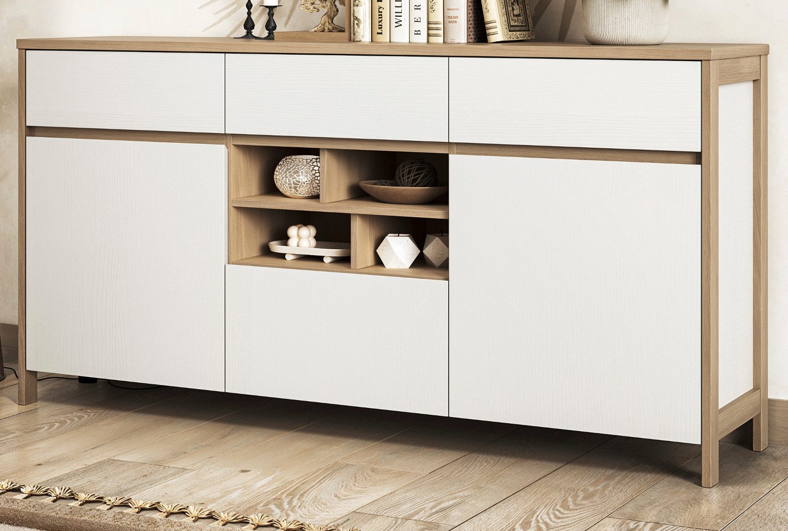Furn.Design Sideboard Finnes (3-türige Kommode mit 3 Schubkästen, Eiche Weiß und Eiche Natur, 164 cm), mit Soft-Close-Funktion