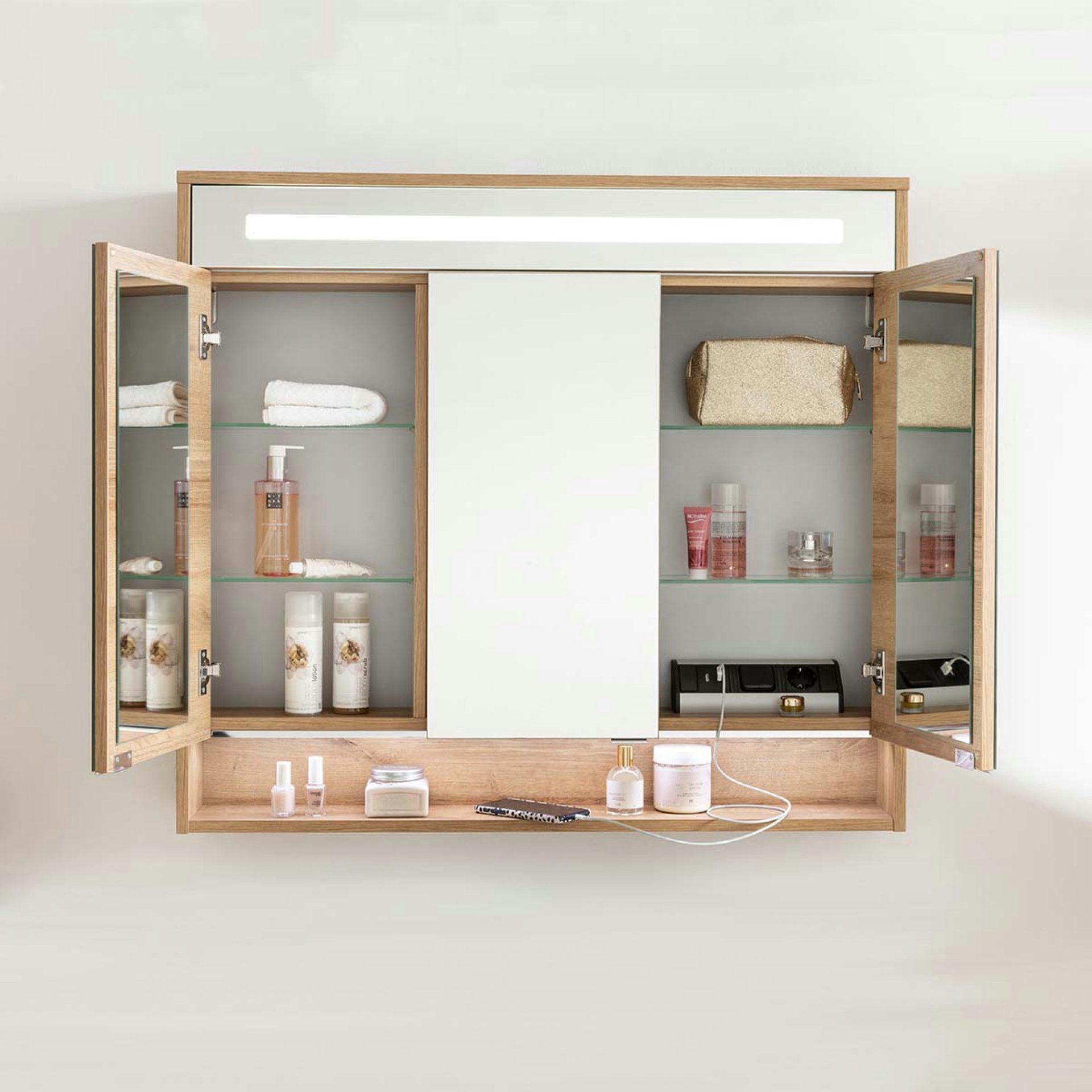 FACKELMANN Badmöbel-Set NATURA 94 cm, Braun hell + Spiegelschrank + Hochschrank links