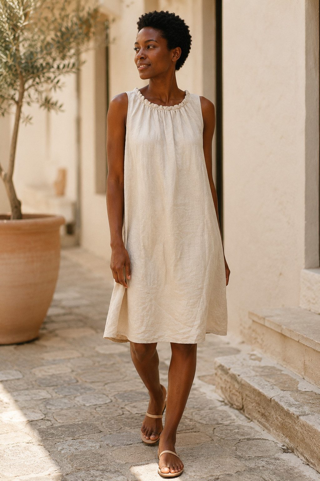 ITALY VIBES Sommerkleid - leichtes Viskosekleid mit gerafftem Kragen - Damen Kleid ONE SIZE - passend für Größen M bis XL