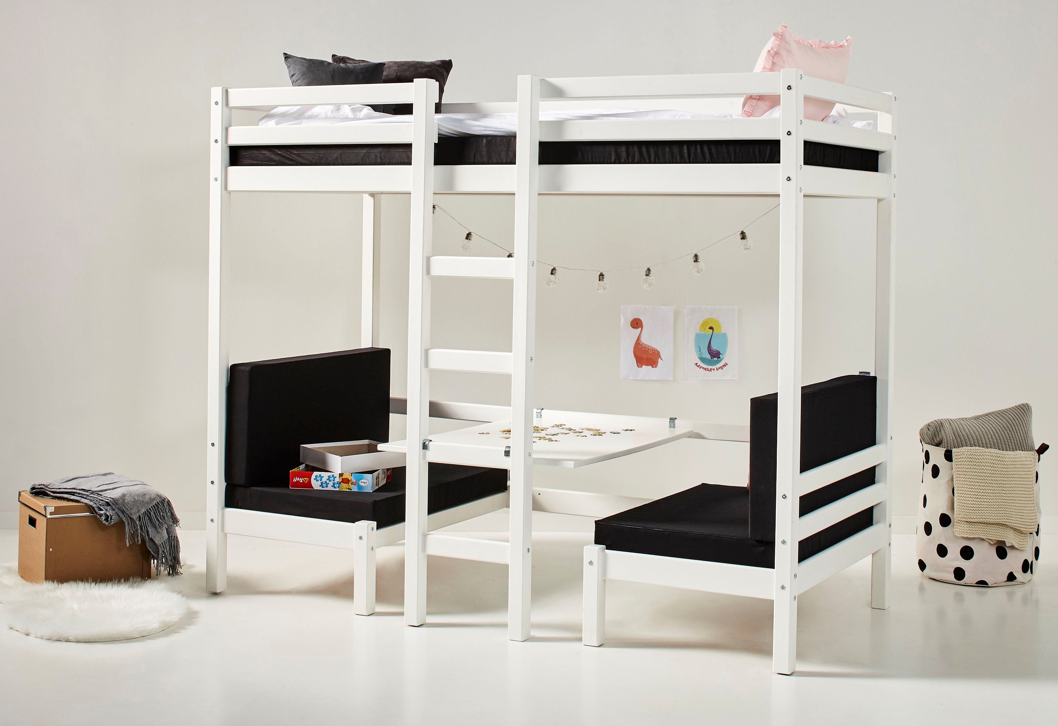 Hoppekids Hochbett ECO Dream JUMBO B/T/H 101/208/170 cm, umbaubar zum Etagenbett mit Sitzgruppe, Matratzen (oben u unten) in schwarz, Kiefer massiv/MDF