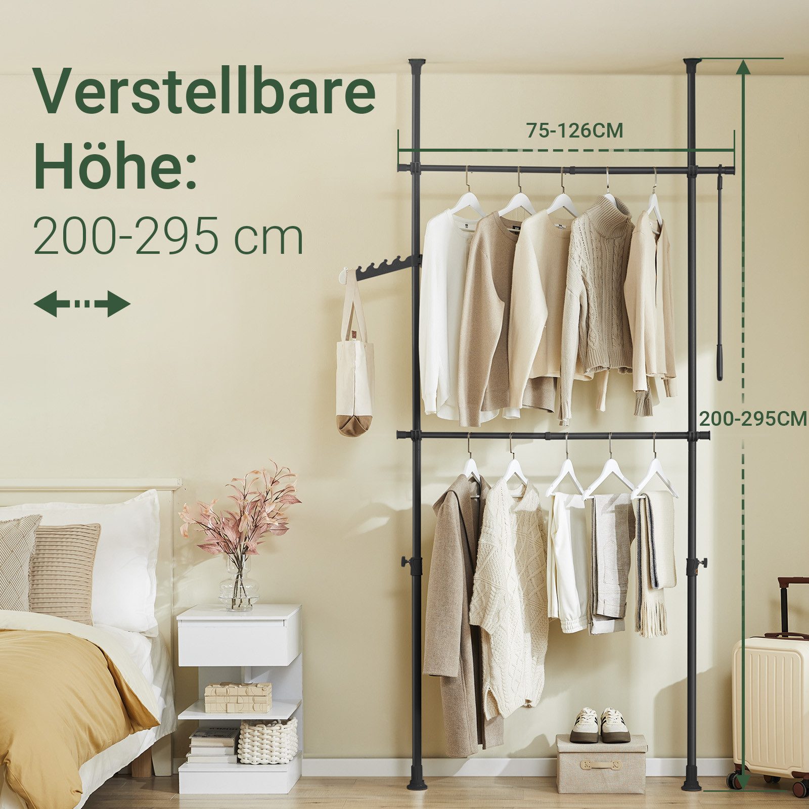 SoBuy Kleiderständer FRG109, deckenhoch, 3-stufige, höhen- und breitenverstellbar, Garderoben System mit 2 Kleiderstangen Regalsystem, Schlafzimmer