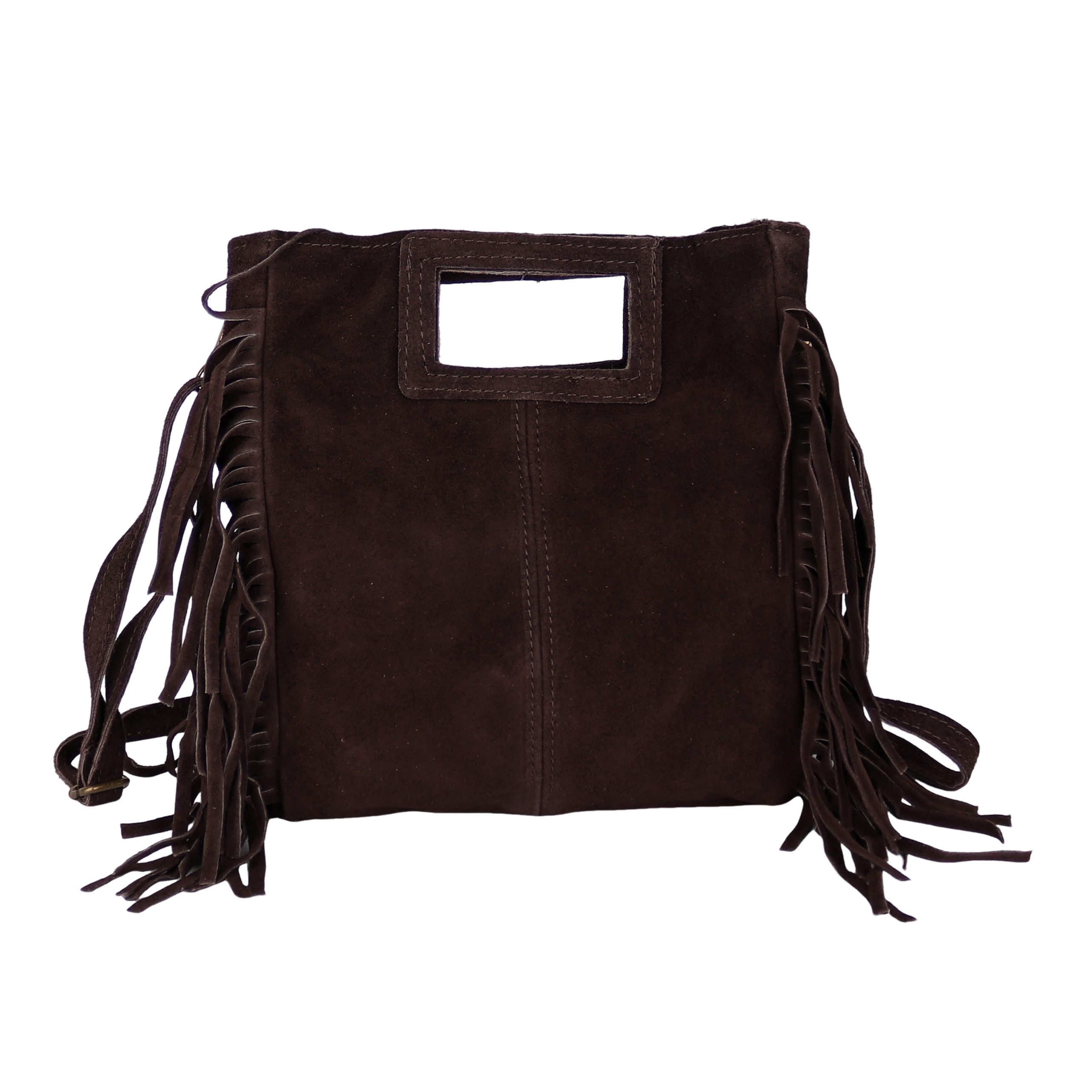 MIRROSI Umhängetasche Damen Crossbody Bag, Echtleder Made In Italy, wunderschöne Fransen (23x24x7cm) aus Wildleder