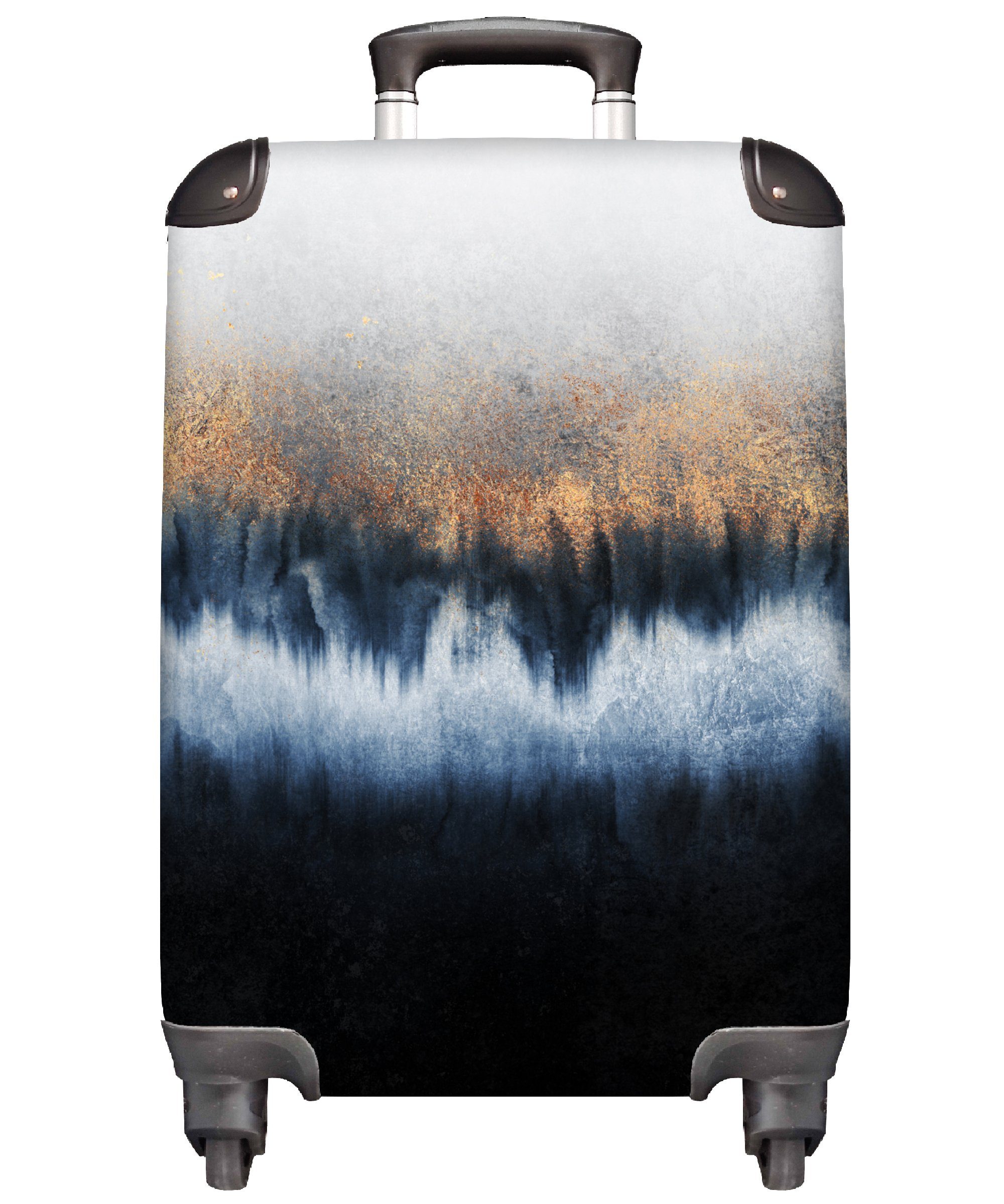 MuchoWow Handgepäckkoffer Abstrakt - Gold - Luxus - Blau, 4 Rollen, Reisetasche mit rollen, Handgepäck für Ferien, Trolley, Reisekoffer