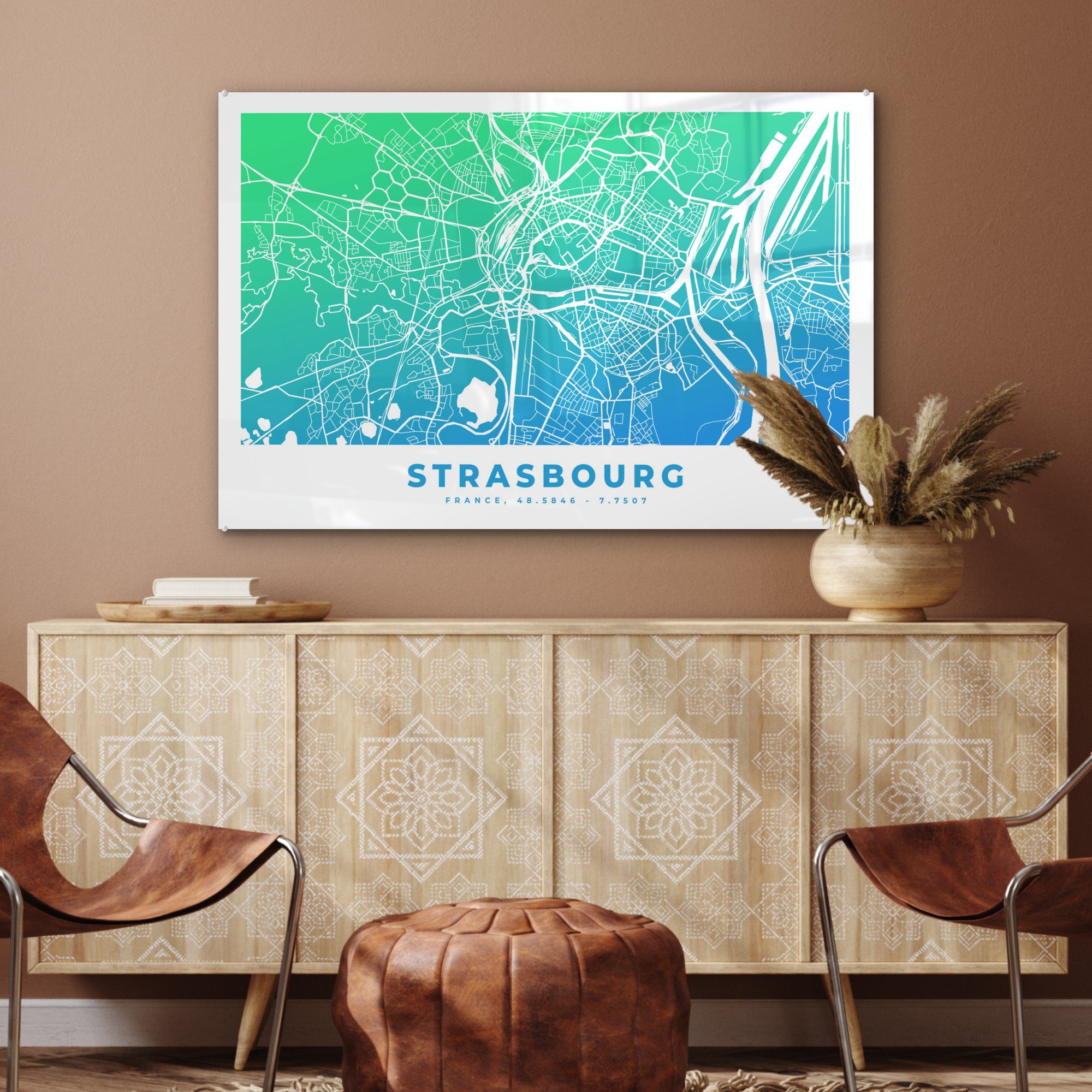 Wohnzimmer (1 MuchoWow Schlafzimmer St), Strasbourg Frankreich Acrylglasbild & Stadtplan, - - Acrylglasbilder