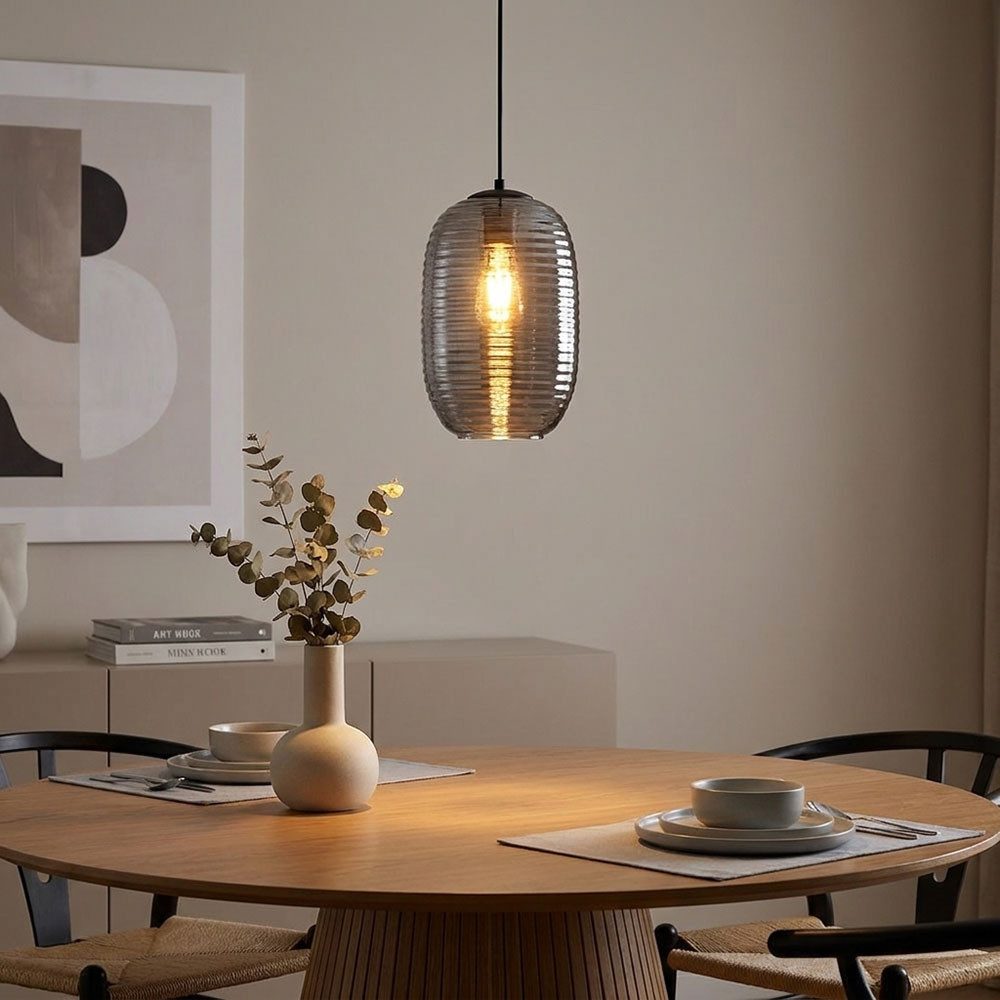 GLOBO LIGHTING LED Pendelleuchte, Leuchtmittel inklusive, Warmweiß, LED Pendelleuchte Metall Glas schwarz Rauchoptik gerillt H 120 cm