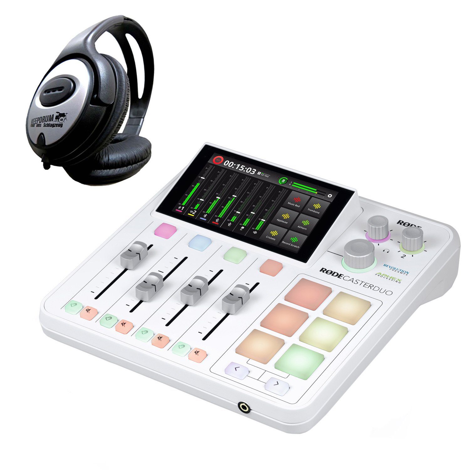 Rode Rodecaster Duo Station Weiss mit Kopfhörer Digitales Aufnahmegerät