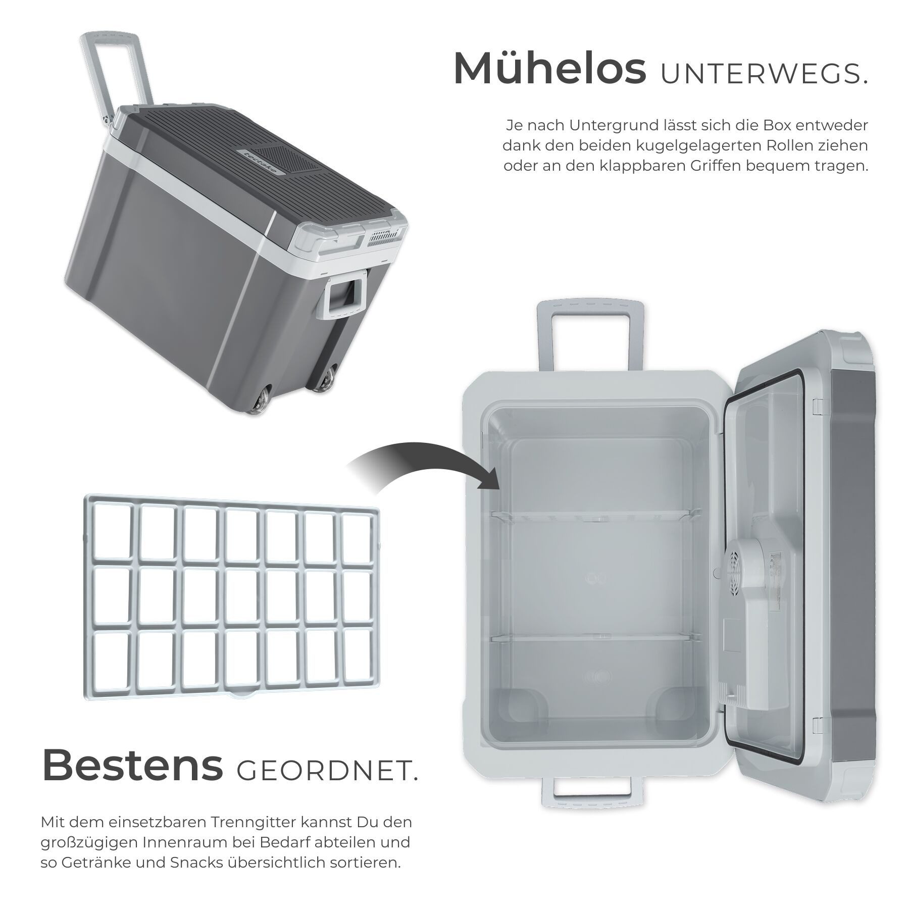 tectake Kühlschrank Kühlschrank, 40,00 cm hoch, 52.5 cm breit, mit Rollen, klappbare Tragegriffe, Steckdosen- und Autoanschluss