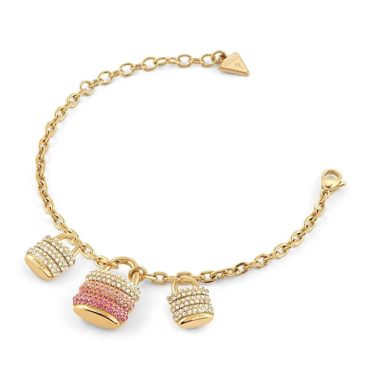 Guess Edelstahlarmband JUBB05404JWYGPKS, Damenarmband Padlock Charms Goldfarben S