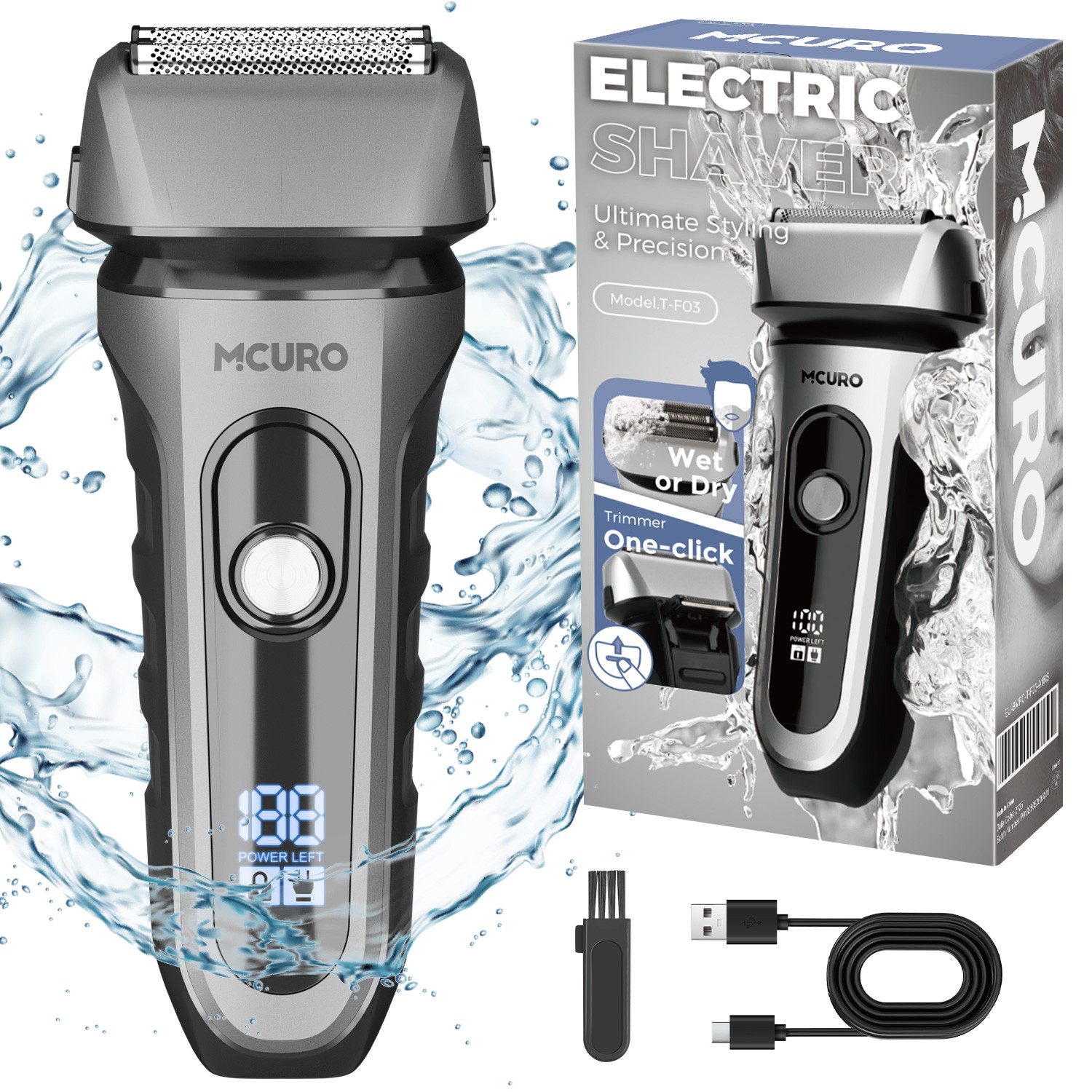 MCURO Elektrorasierer Herren Nass/Trocken-Rasierer mit 3 flexiblen Klingen, wasserdicht (IPX7), ausklappbarem Trimmer, Бритви & Reinigungsbürste, Folienrasierer Herren für Gesicht & Bart