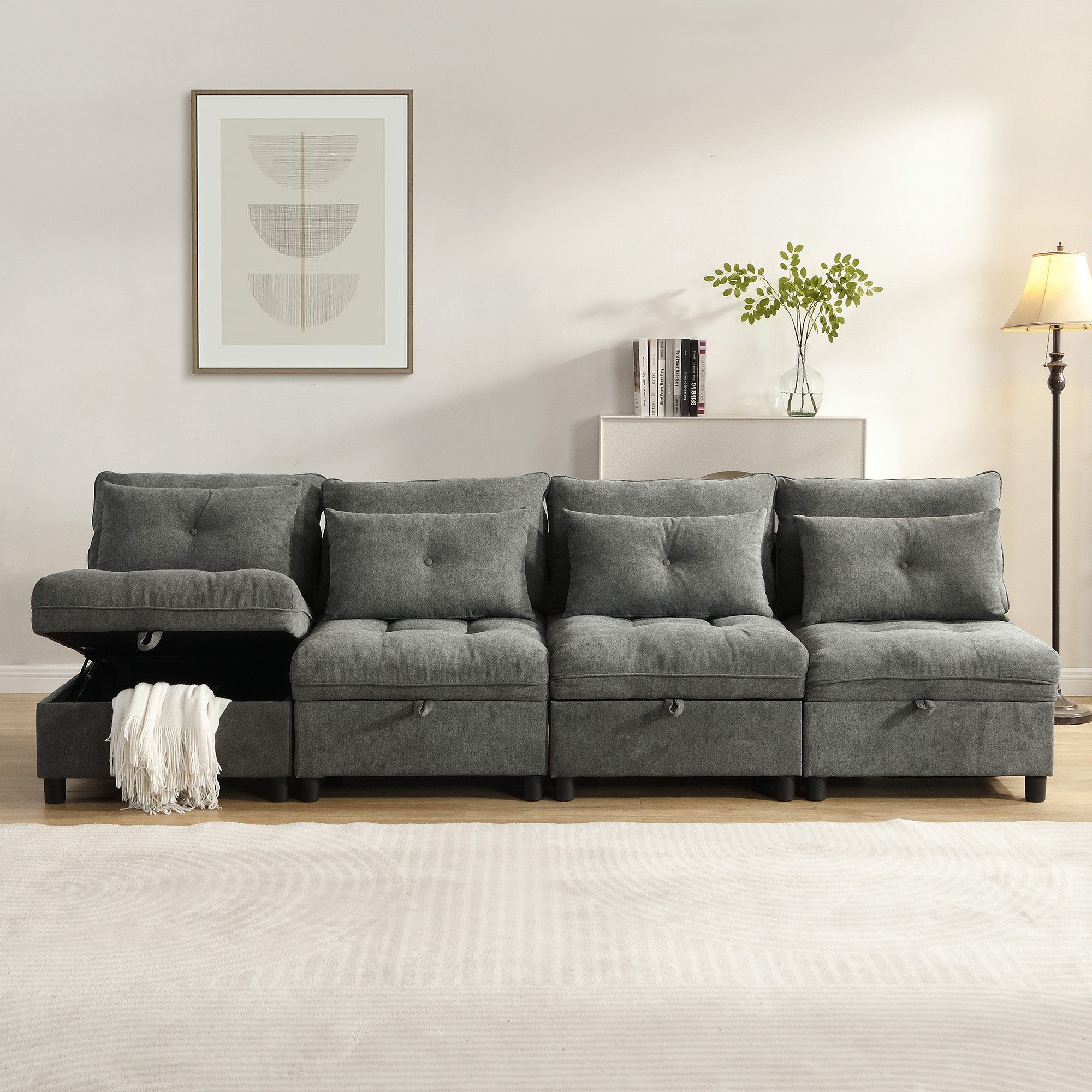 STILVORA Schlafsofa mit Kissen&Stauraum,Polstermöbel Sitzgruppe mit aus Chenille,Grau, Set, Frei kombinierbar