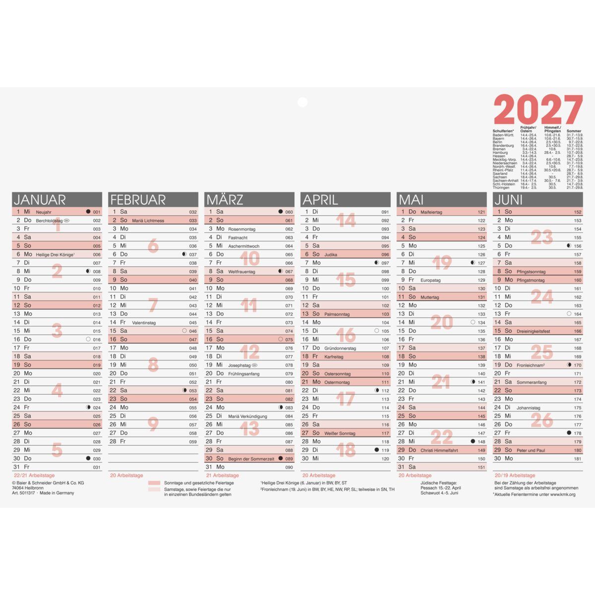 GLOCKEN Terminplaner Tafelkalender 29,7x21cm 6 Monate/1 Seite Kalendarium 2027