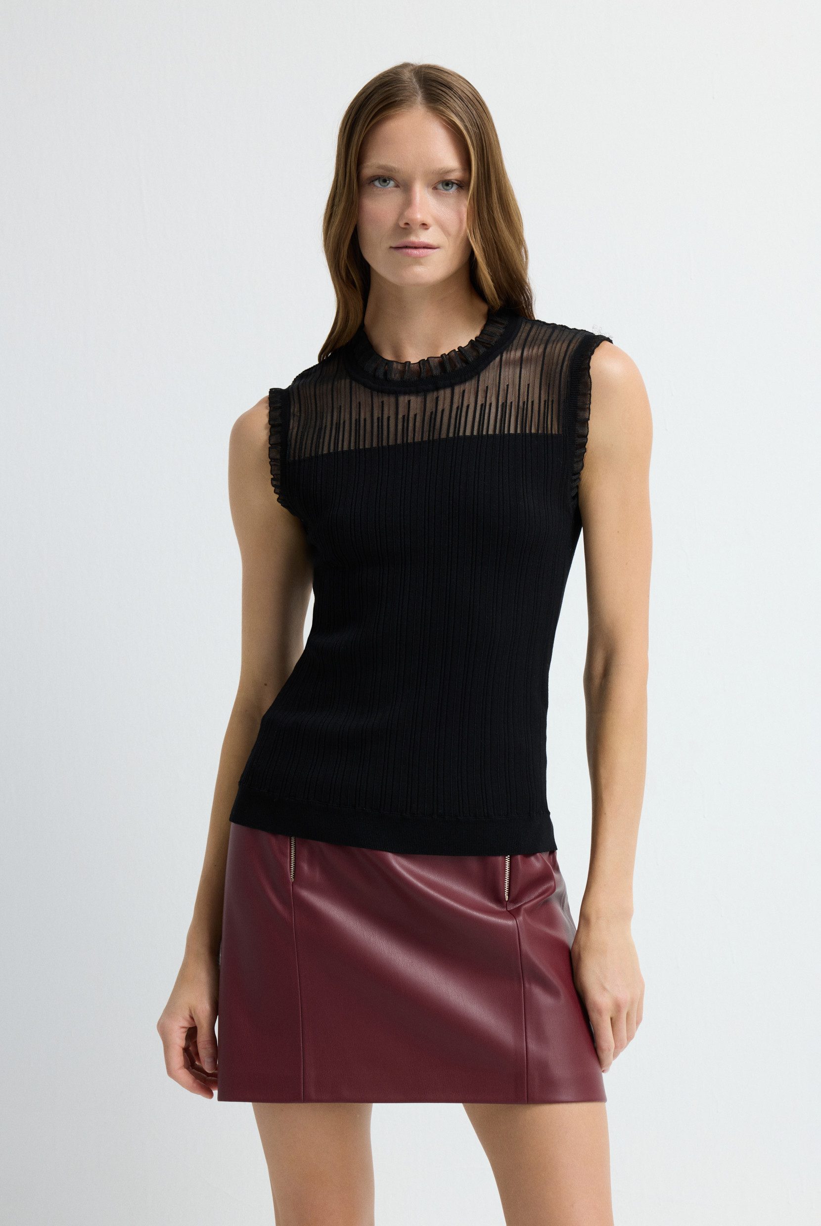 adL Blusentop Ärmellose Strickbluse mit Tülldetail