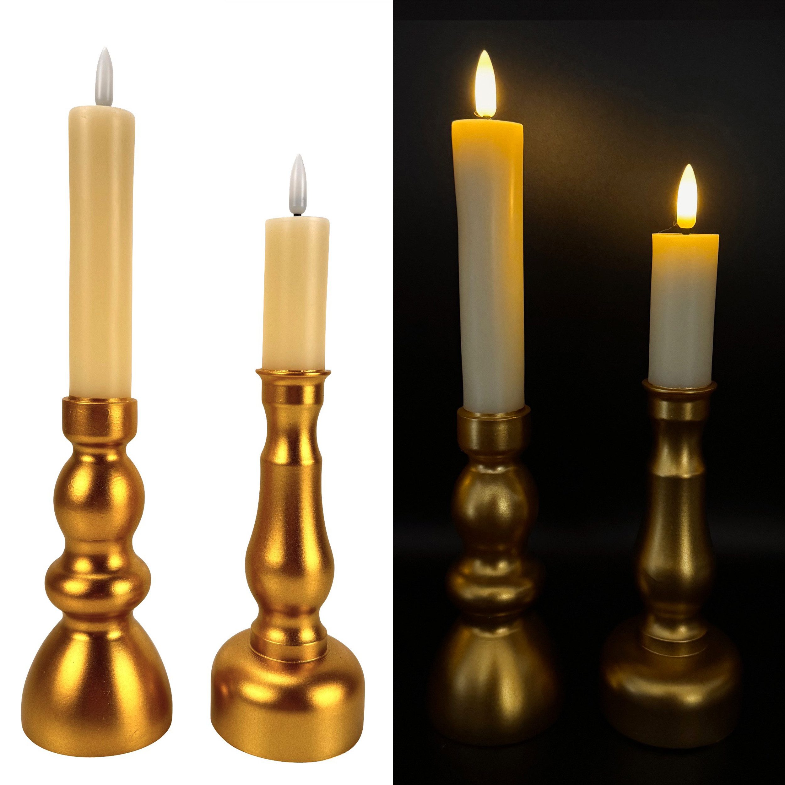 Online-Fuchs LED-Kerze 2 LED-Stabkerzen aus Echtwachs inklusive Kerzenständer & Timer (realistische Kerzenflamme, 27 und 31 cm hoch), inkl. praktischer 6-Stunden Timerfunktion