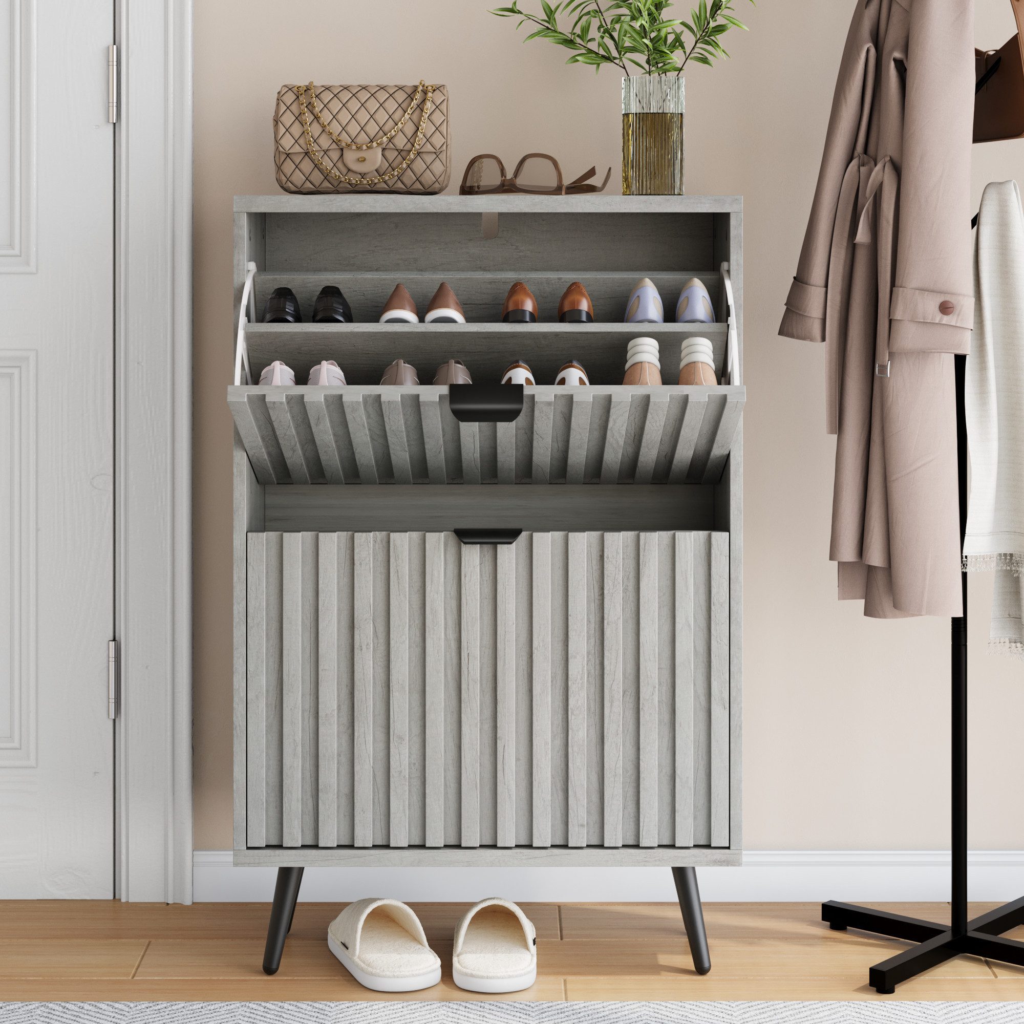 Odikalo Schuhschrank Schuhregal Schuhe Schrank, schmal grau (Ein versteckter Schuhschrank mit einem 60cm grauen Rillendesign und 2-Klapp-Schubladen, verwendet als eigenständiger Schuhschrank für Eingänge, Flure, Wohnzimmer und Schränke)