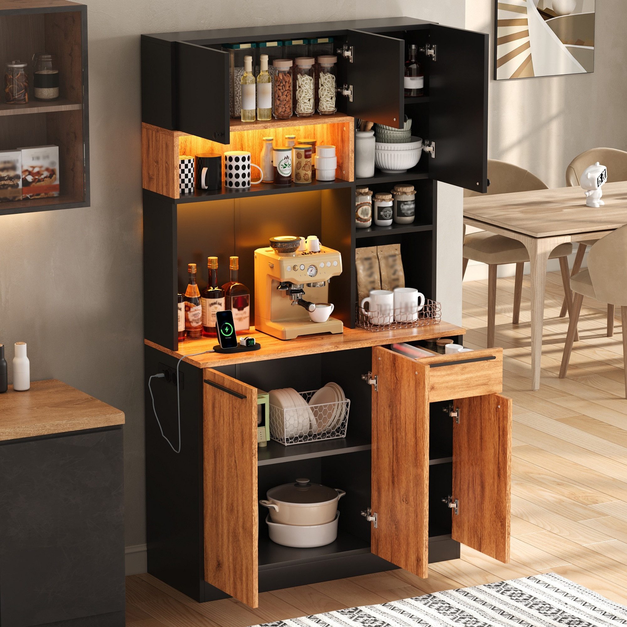 Flieks Küchenbuffet Hochschrank mit Arbeitsplatte Holzoptik, LED-Beleuchtung, Steckdosen (Multifunktionsschrank mit Ladenfunktion & verstellbaren Einlegeböden,  – Bild 2 von 5