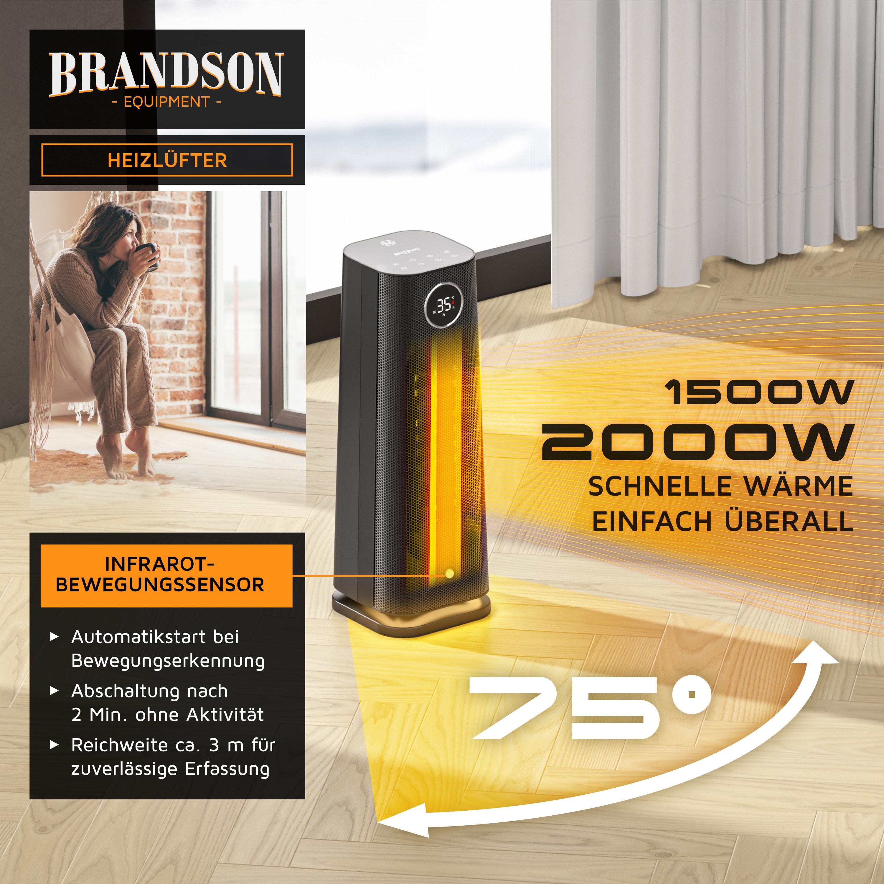 Brandson Heizlüfter Keramik Heizgerät Automatikstart per Bewegungserkennung, Fernbedienung, 2000 W, GS zertifiziert, Thermostat, Bewegungssensor, ECO, Oszillation, Timer