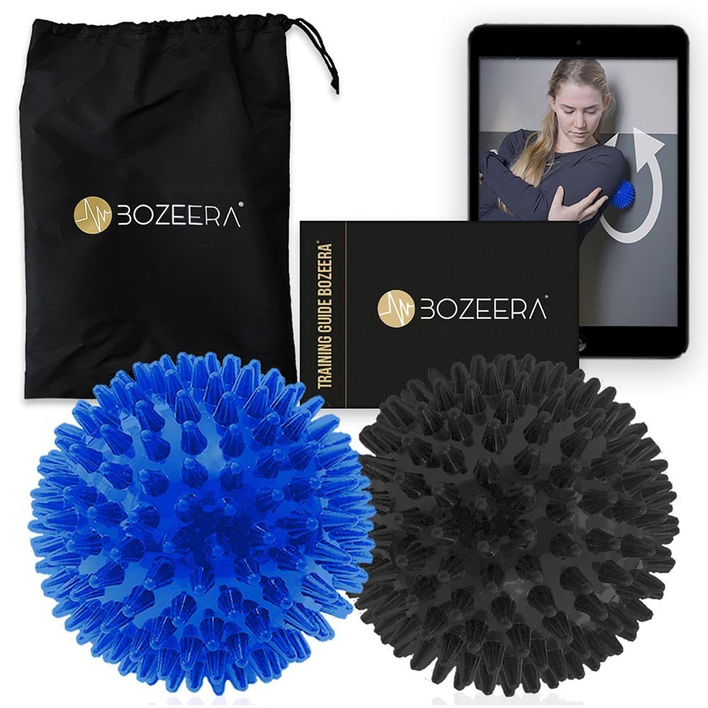 BOZEERA Massageball Igelball - Massage Bälle Set - Rücken, Beine, Fuß, Stachelball Hart & Medium, Inkl. GRATIS Video, Booklet & Tasche – Premium Massage Bälle Set