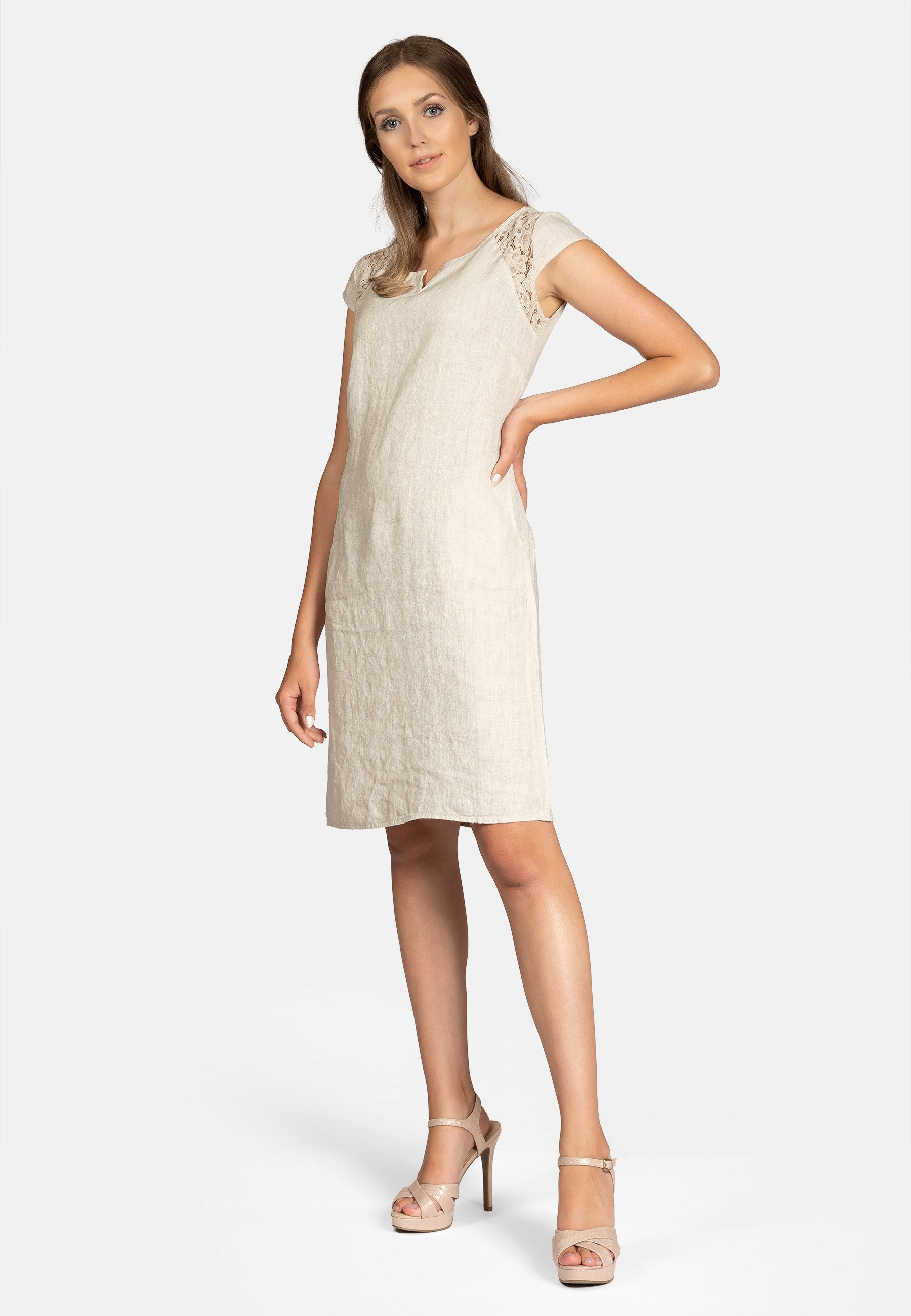 Caspar Sommerkleid SKL042 Damen Sommer Leinenkleid mit dezentem Spitzeneinsatz Luftig leicht, figurumspielende Form, mit seitlichem Jersey-Einsatz