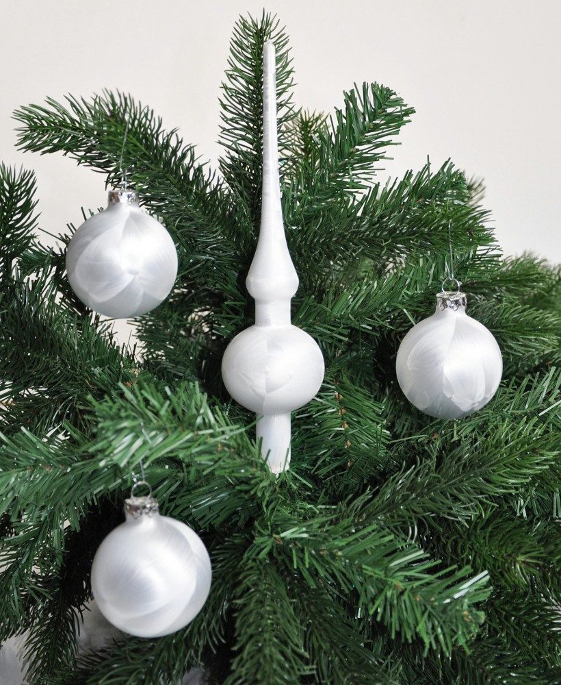 JACK Christbaumschmuck Eislack Glas Christbaumkugeln Set 15x Kugel 6cm + 1x Spitze 25cm Weiß, echt Glas, teilweise Handarbeit, inkl. praktischer Aufbewahrungsbox